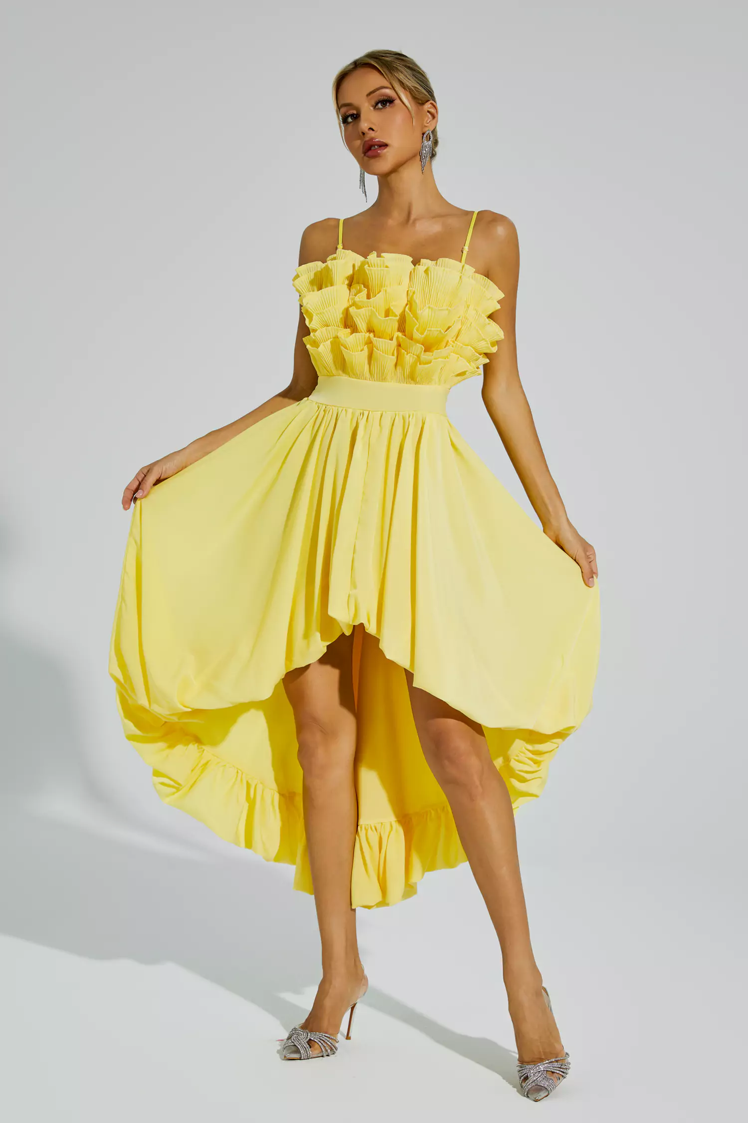 chaplin-yellow-irregular-hem-midi-dress