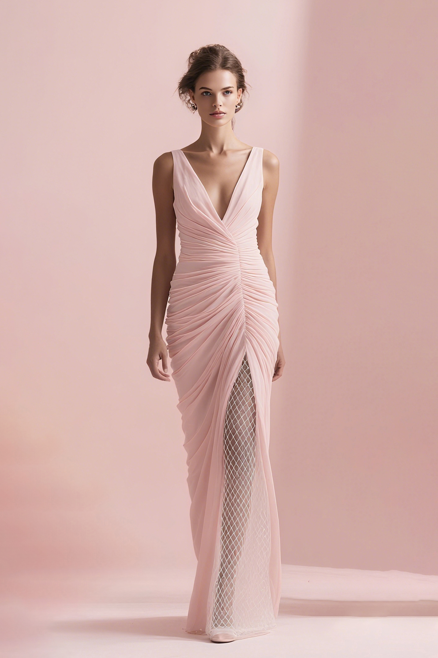 Childe Pink Mesh Ruched Maxi Dress