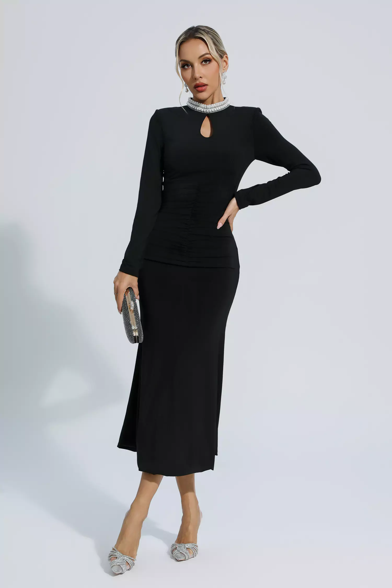 Christina Black Pearl Decorated Long Sleeve Dress
