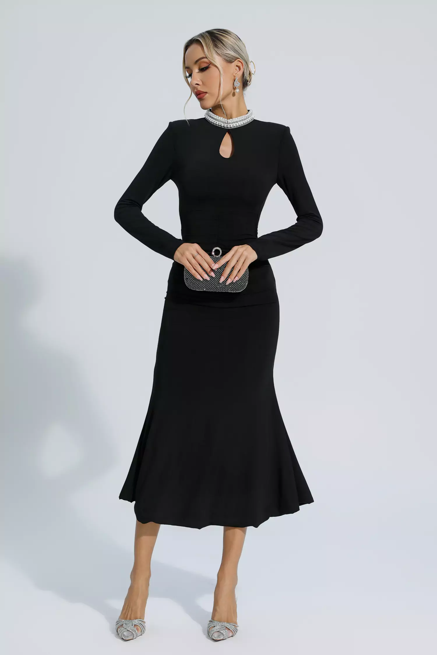 Christina Black Pearl Necklace Long Sleeve Dress