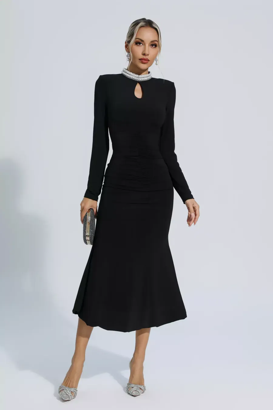 Christina Black Pearl Decorated Long Sleeve Dress