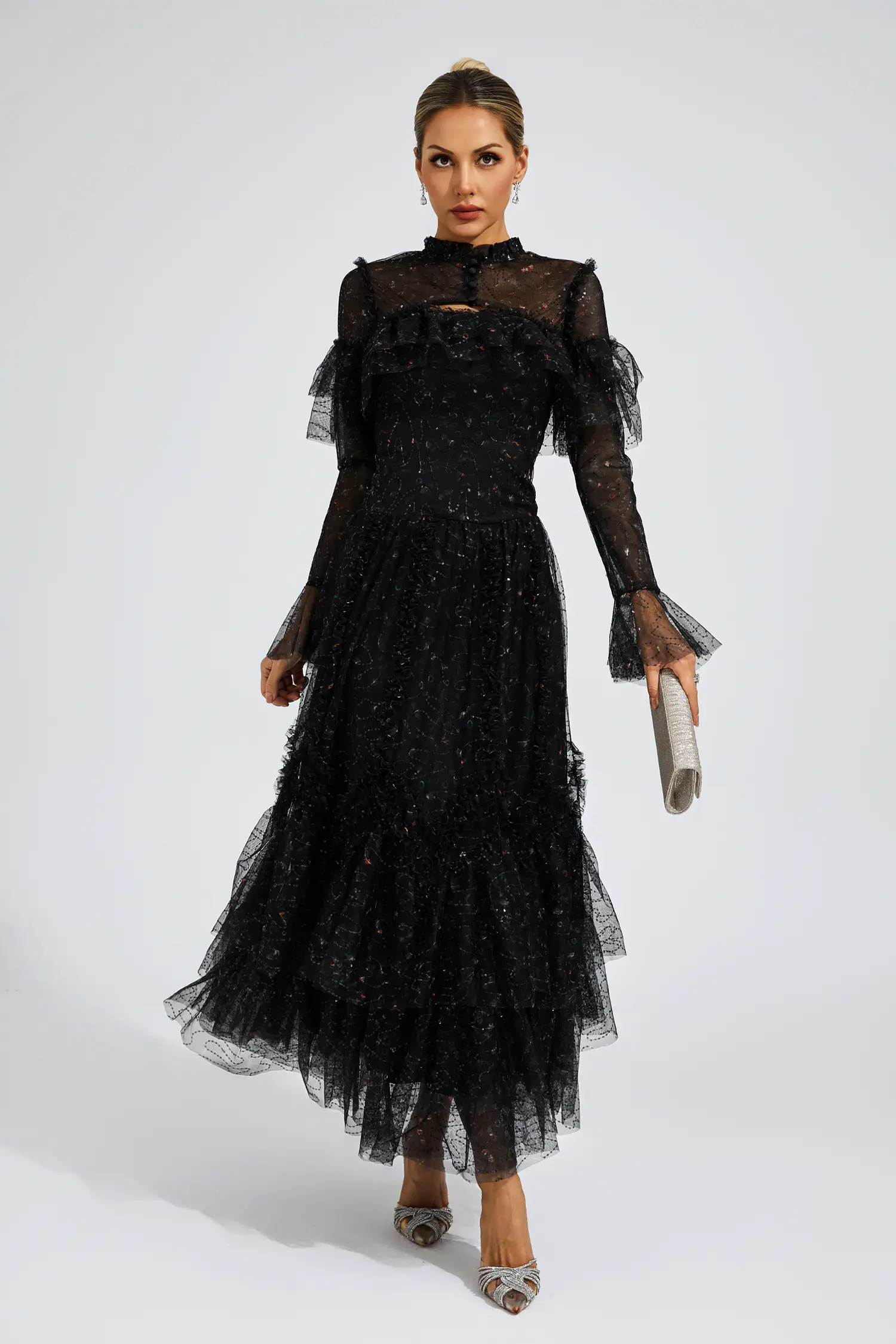 Clapham Black Mesh Floral Dress-CATCHALL