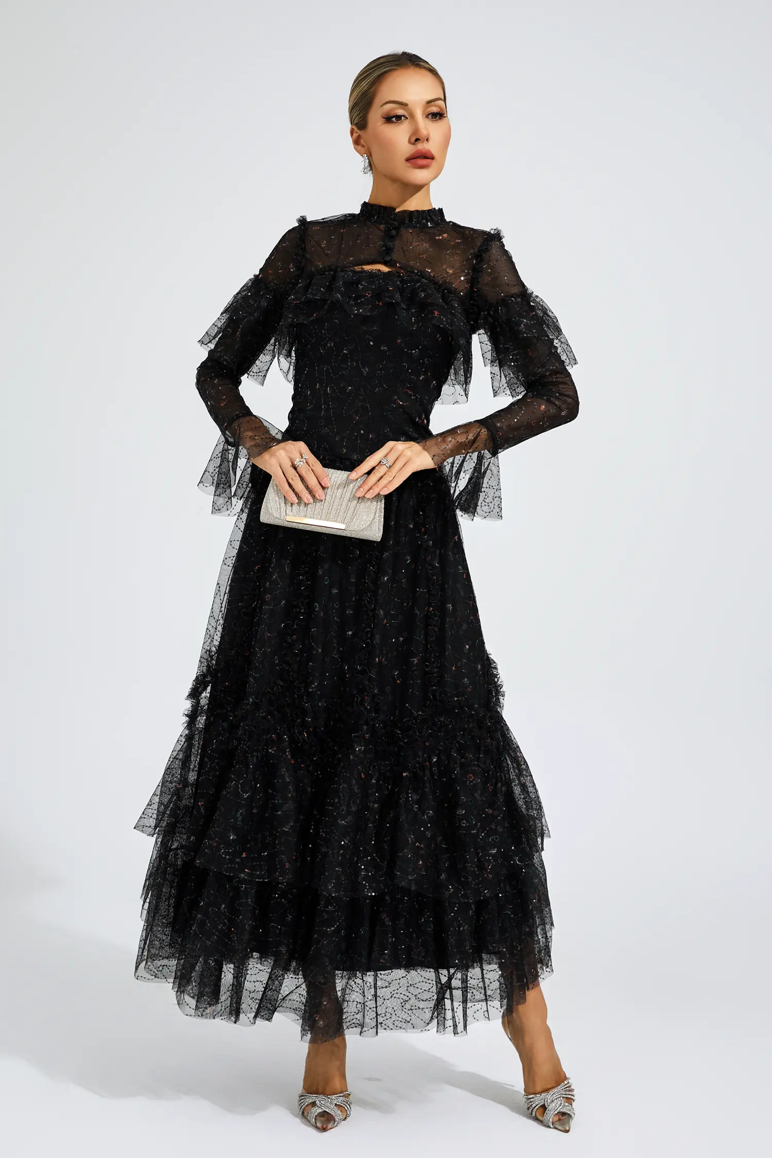 Clapham Black Mesh Floral Dress-CATCHALL