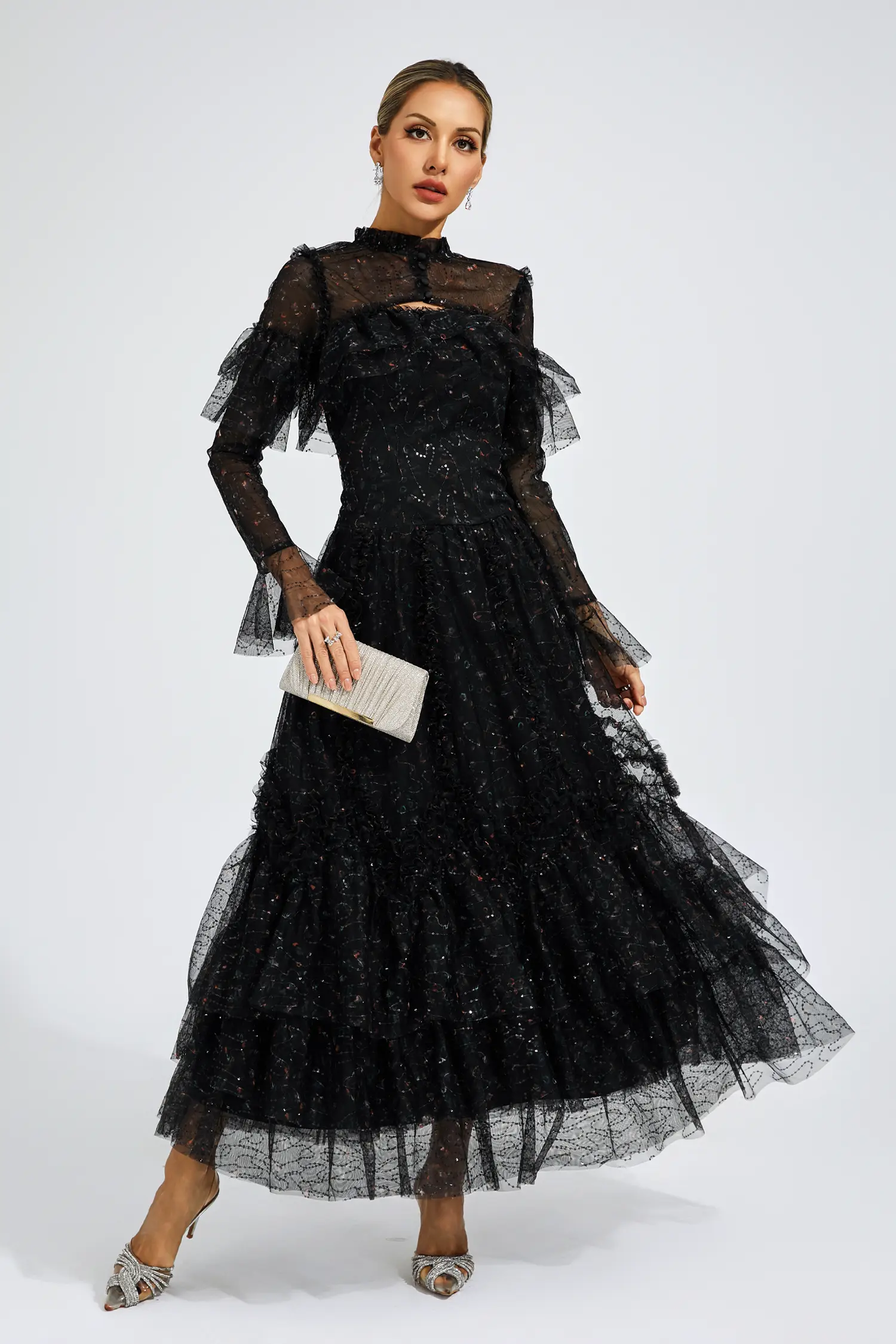 Clapham Black Mesh Floral Dress-CATCHALL