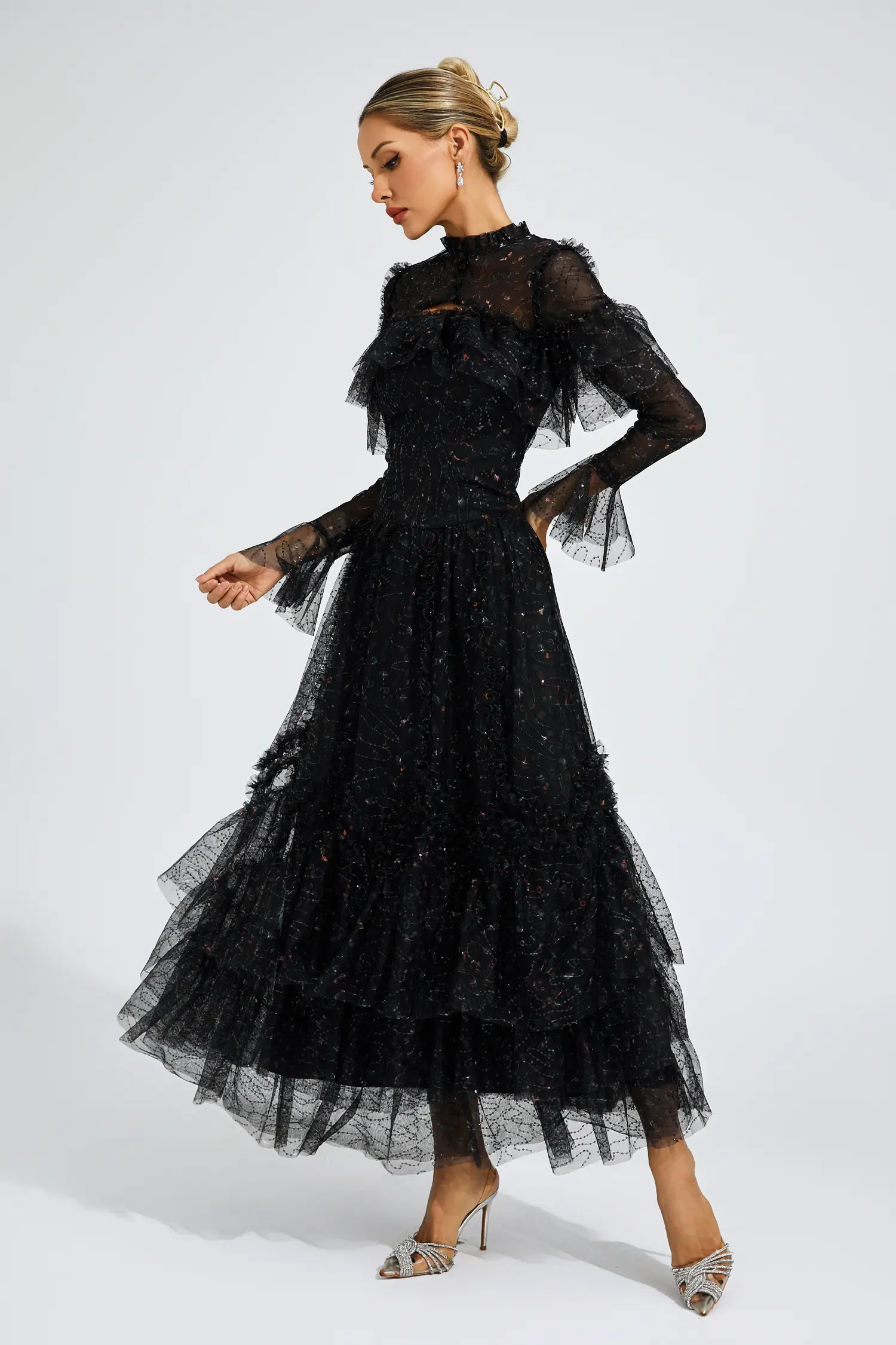 Clapham Black Mesh Floral Dress-CATCHALL