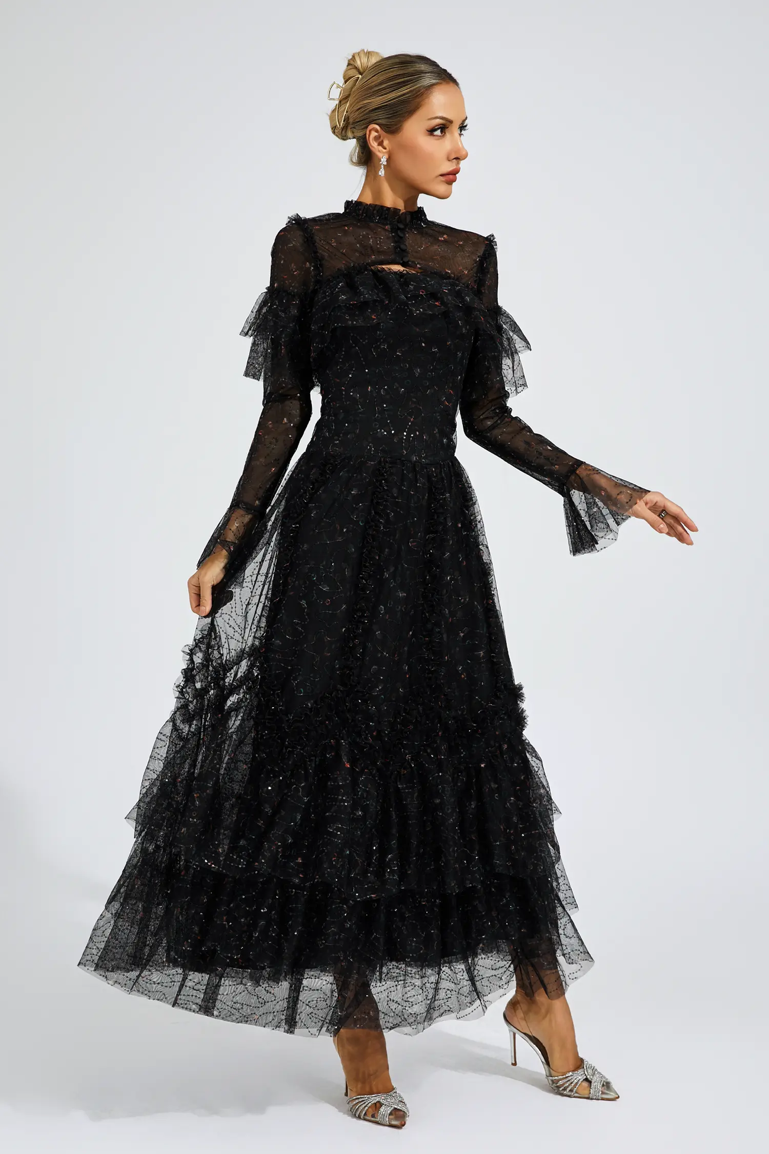 Clapham Black Mesh Floral Dress-CATCHALL