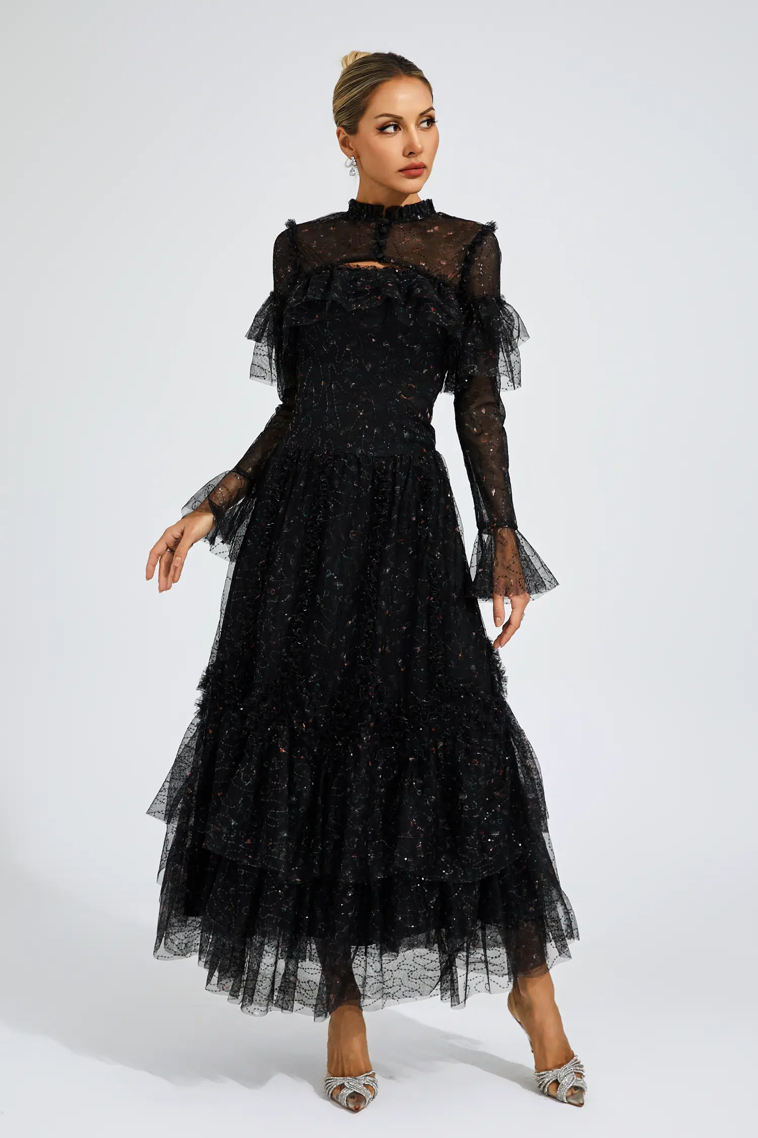 Clapham Black Mesh Floral Dress-CATCHALL