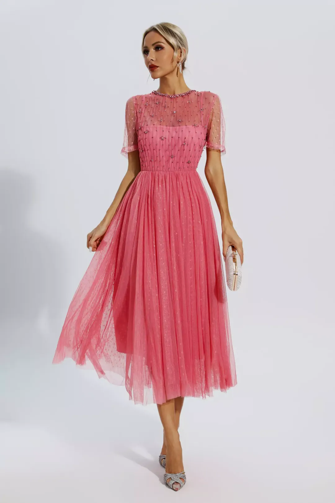 Diana Shimmery Mesh Midi Dress - Blush