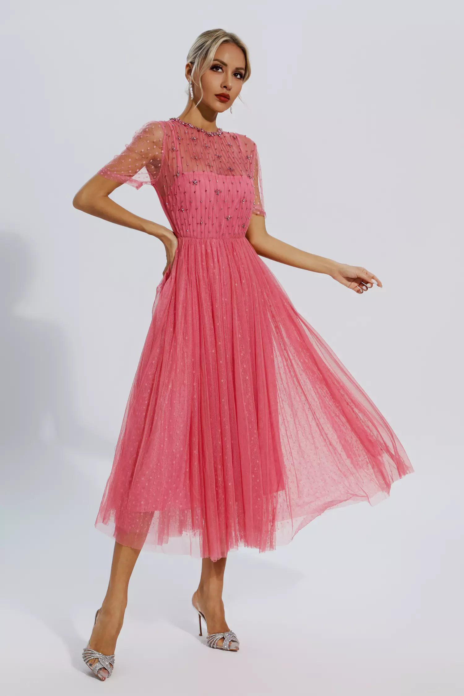 Clementine Pink Mesh Diamond Midi Dress