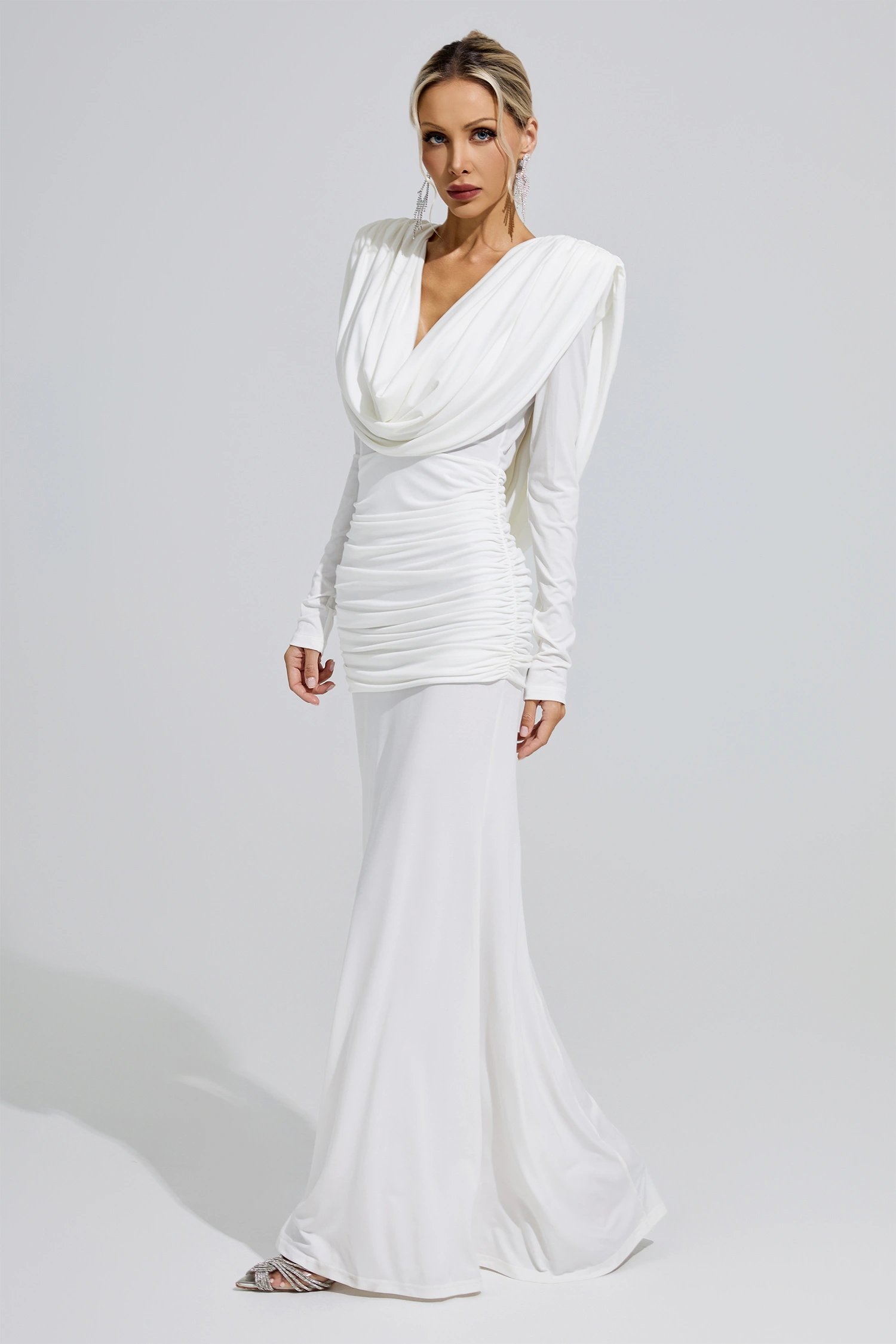 Clintock White Draped Evening Dress