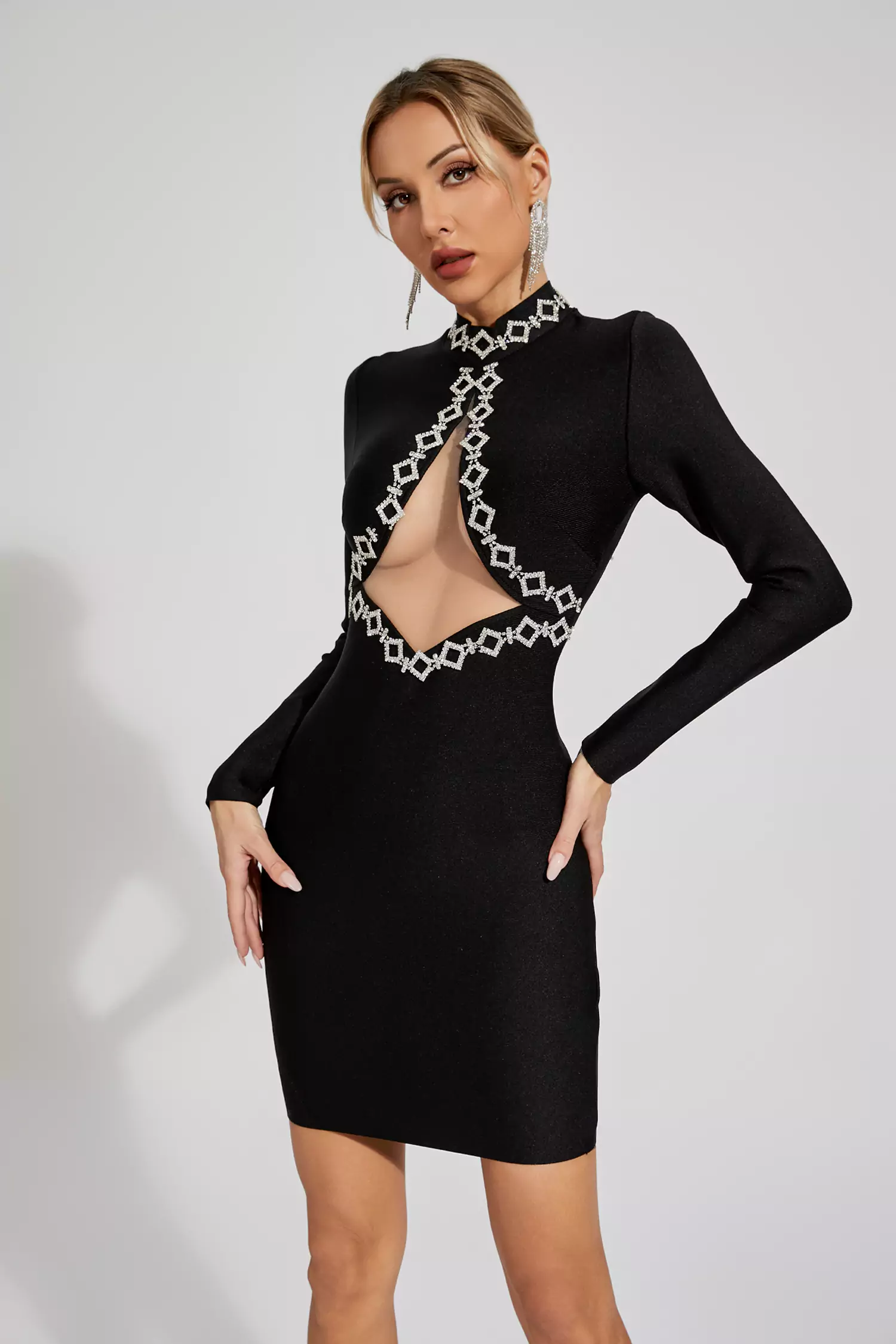 Clover Black Embellished Mesh Bandage Dress-CATCHALL