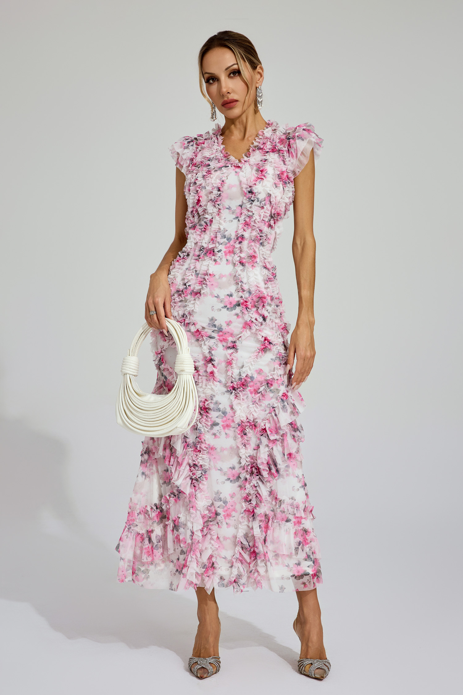 Cooper Pink Mesh Floral Ruched Dress