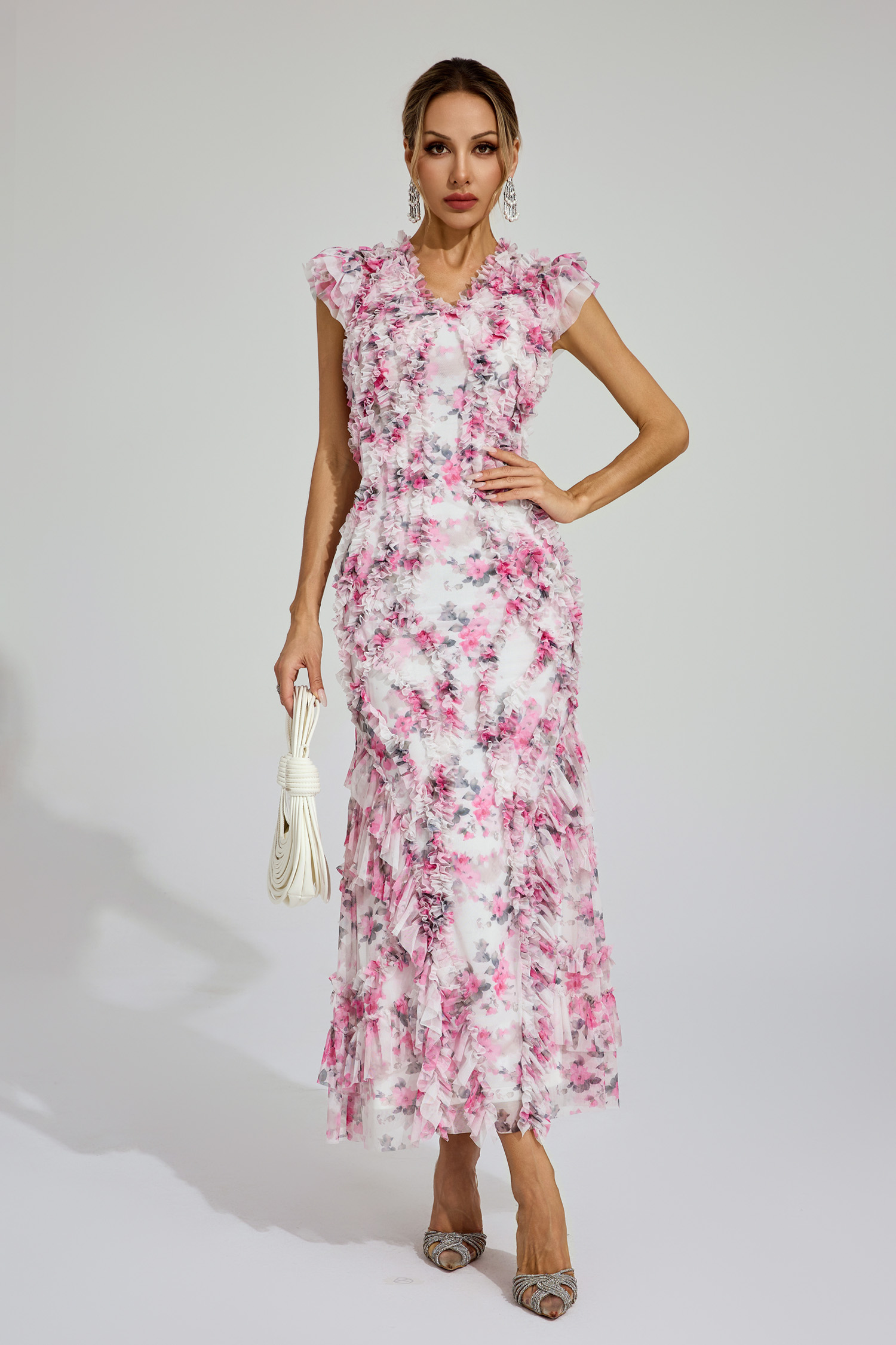 Cooper Pink Mesh Floral Ruched Dress