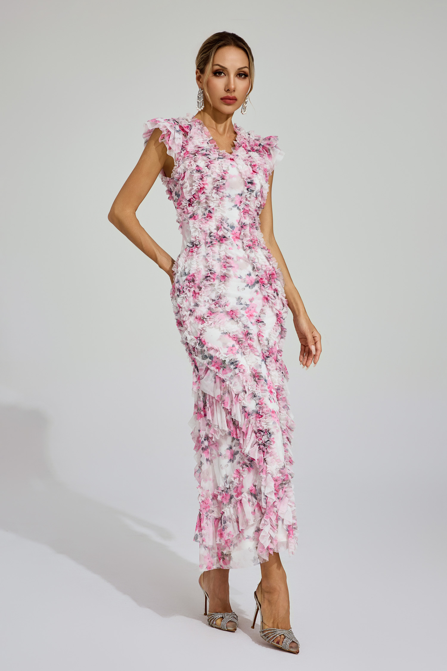 Cooper Pink Mesh Floral Ruched Dress