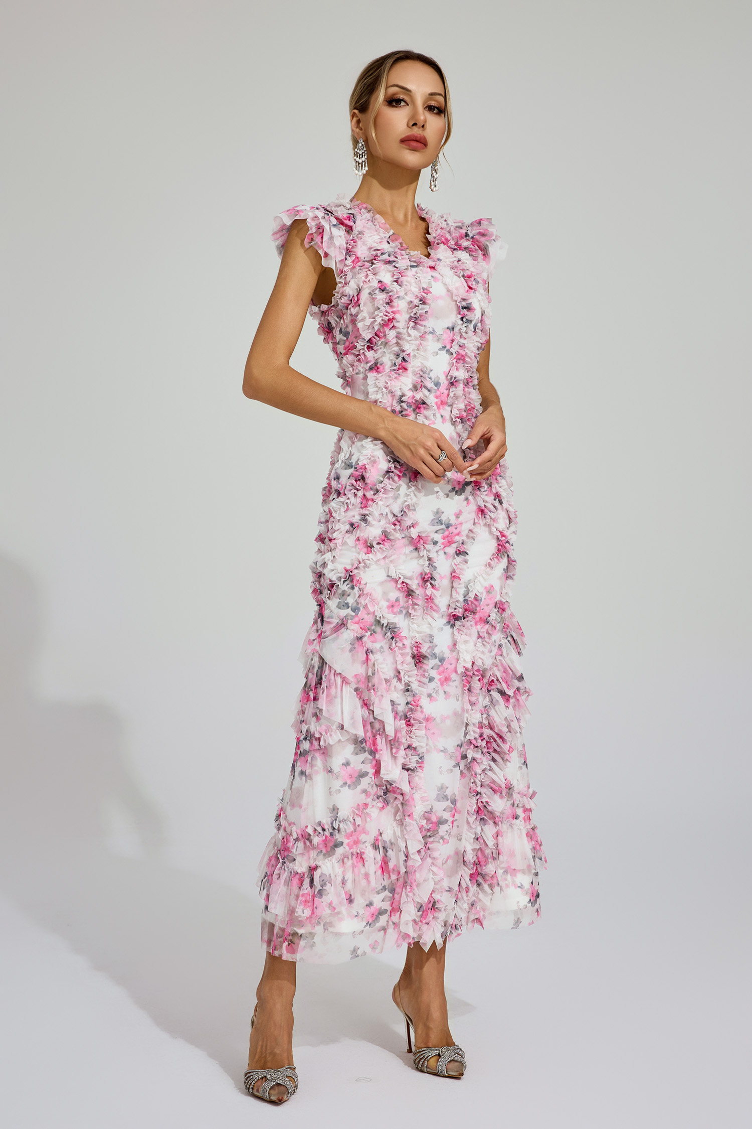 Cooper Pink Mesh Floral Ruched Dress