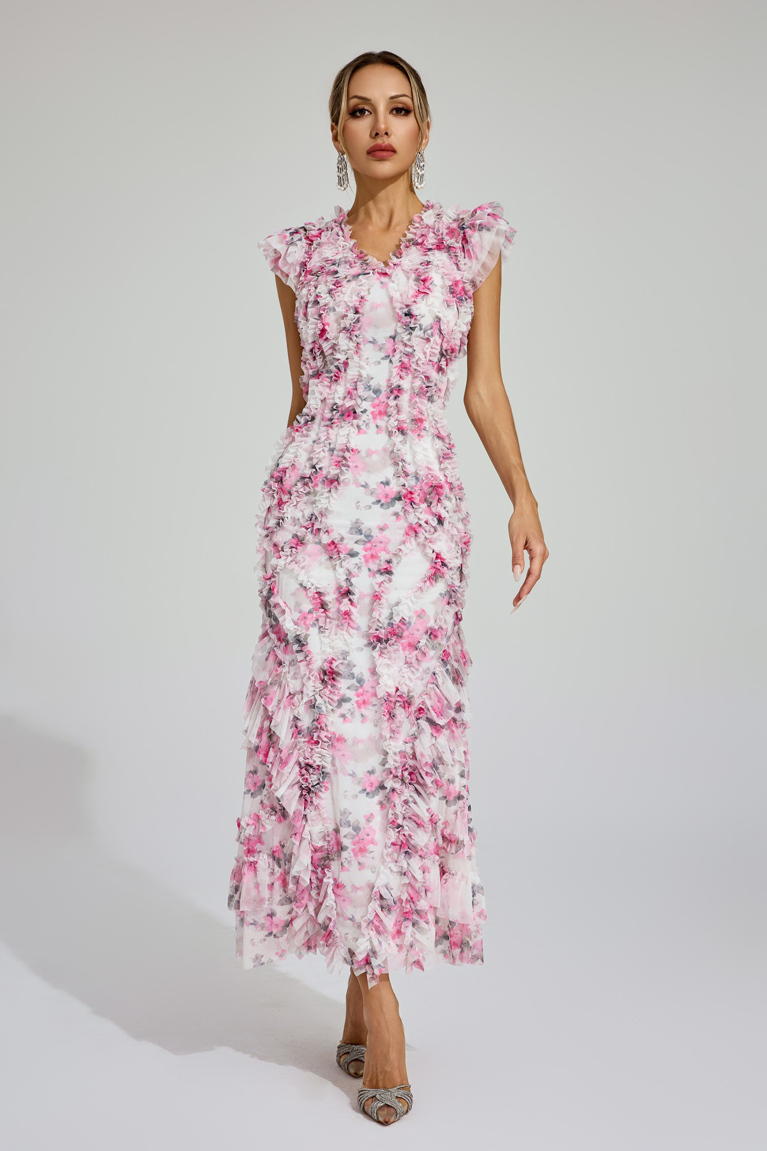 Cooper Pink Mesh Floral Ruched Dress