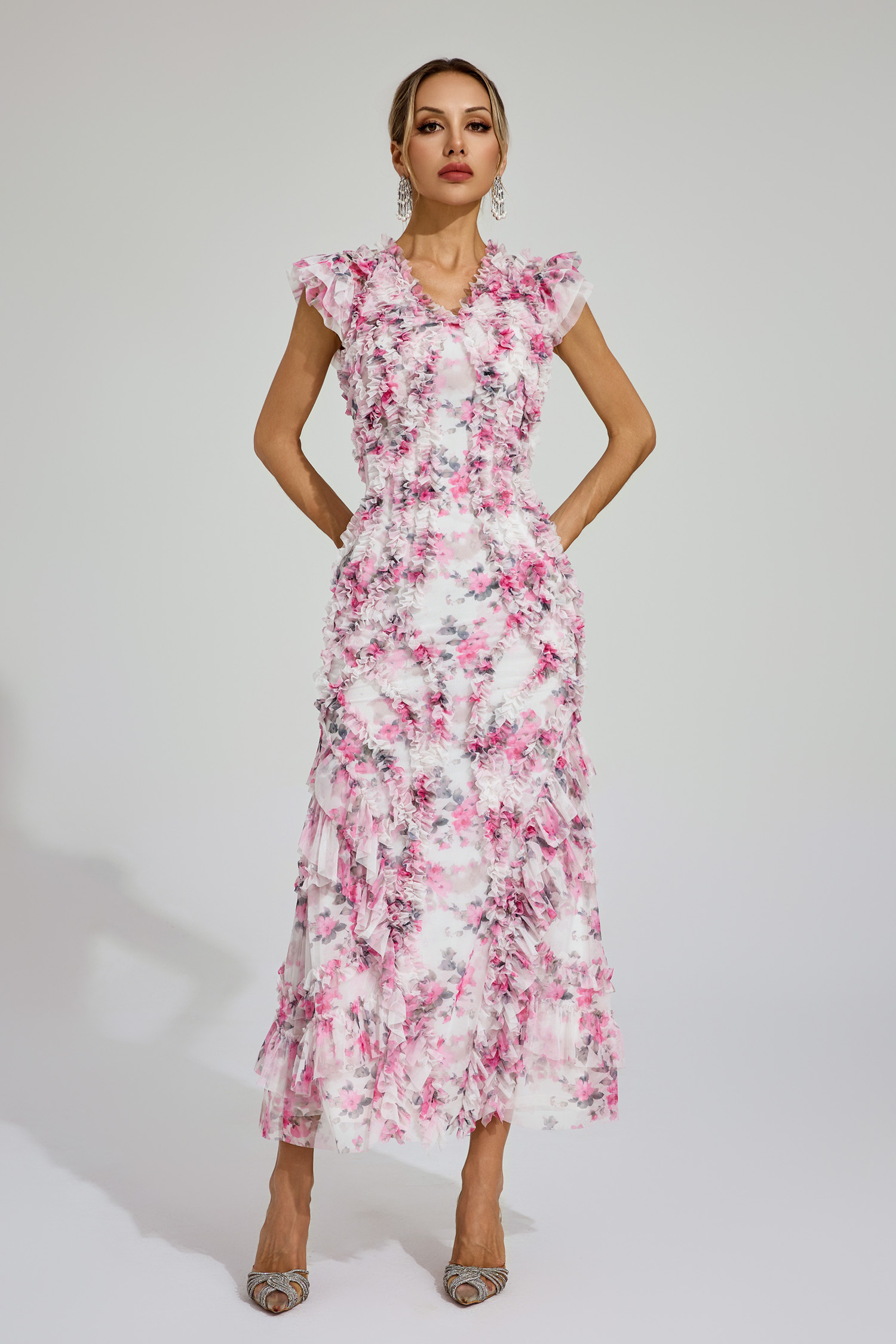Cooper Pink Mesh Floral Ruched Dress