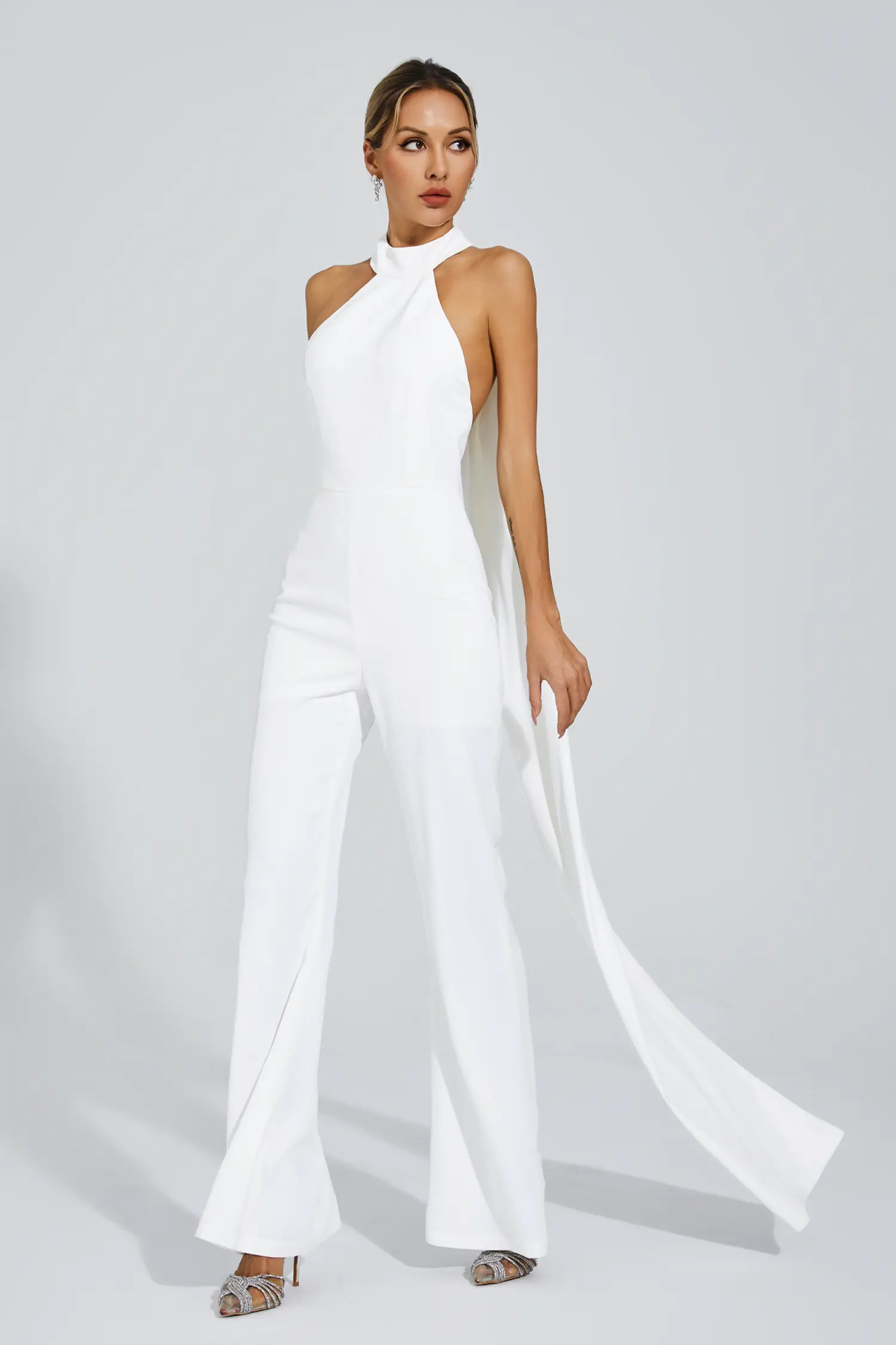 Cornelius White Halter Backless Jumpsuit-CATCHALL