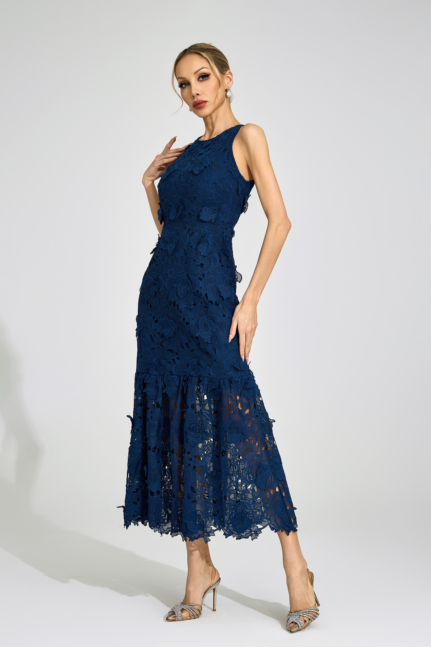 Culvert Blue Round Neck Maxi Dress