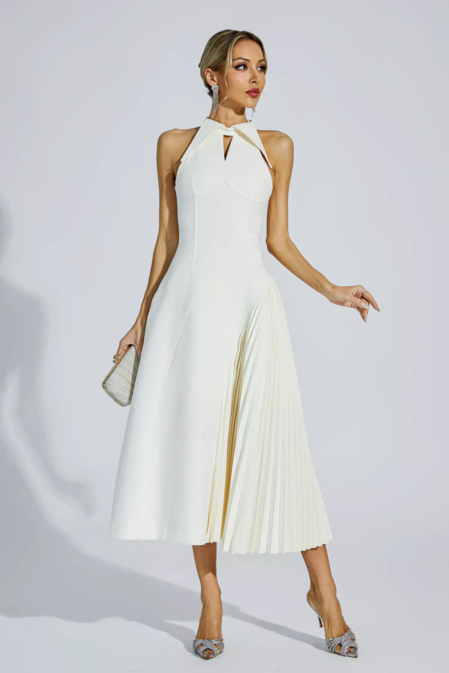 Cynthia Cream Ruched Midi Dress-CATCHALL