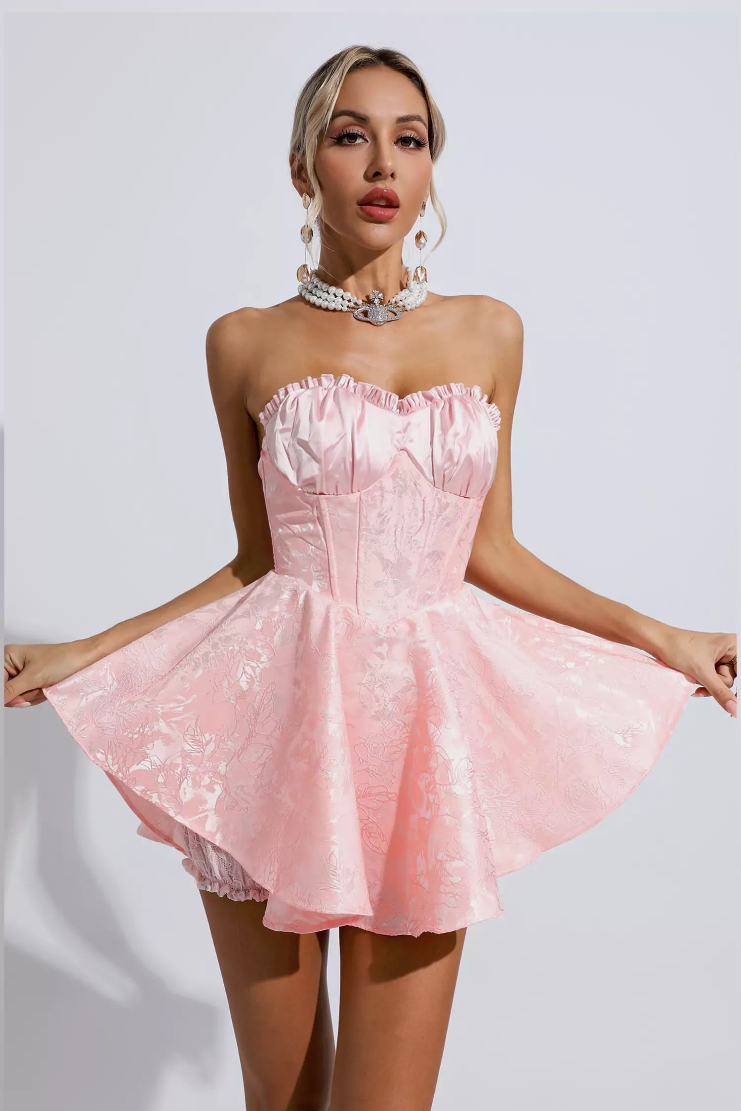 Daleyza Pink Lace Jacquard Bandeau Dress