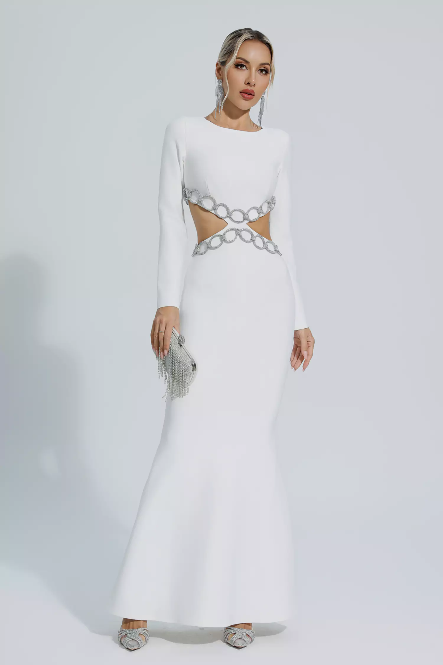 Janelle White Cut Out Long Sleeve Bandage Dress-CATCHALL