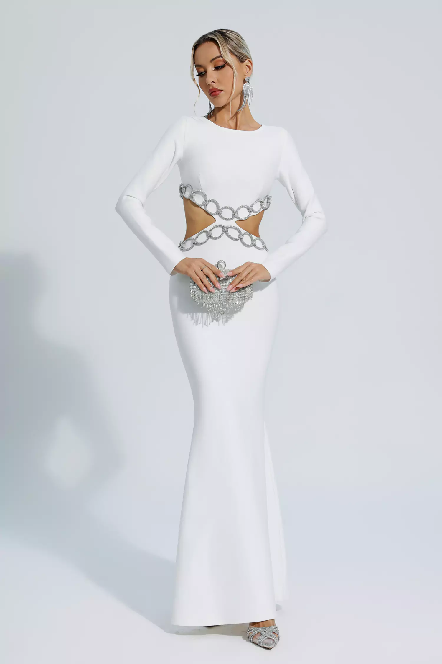 Janelle White Cut Out Long Sleeve Bandage Dress-CATCHALL