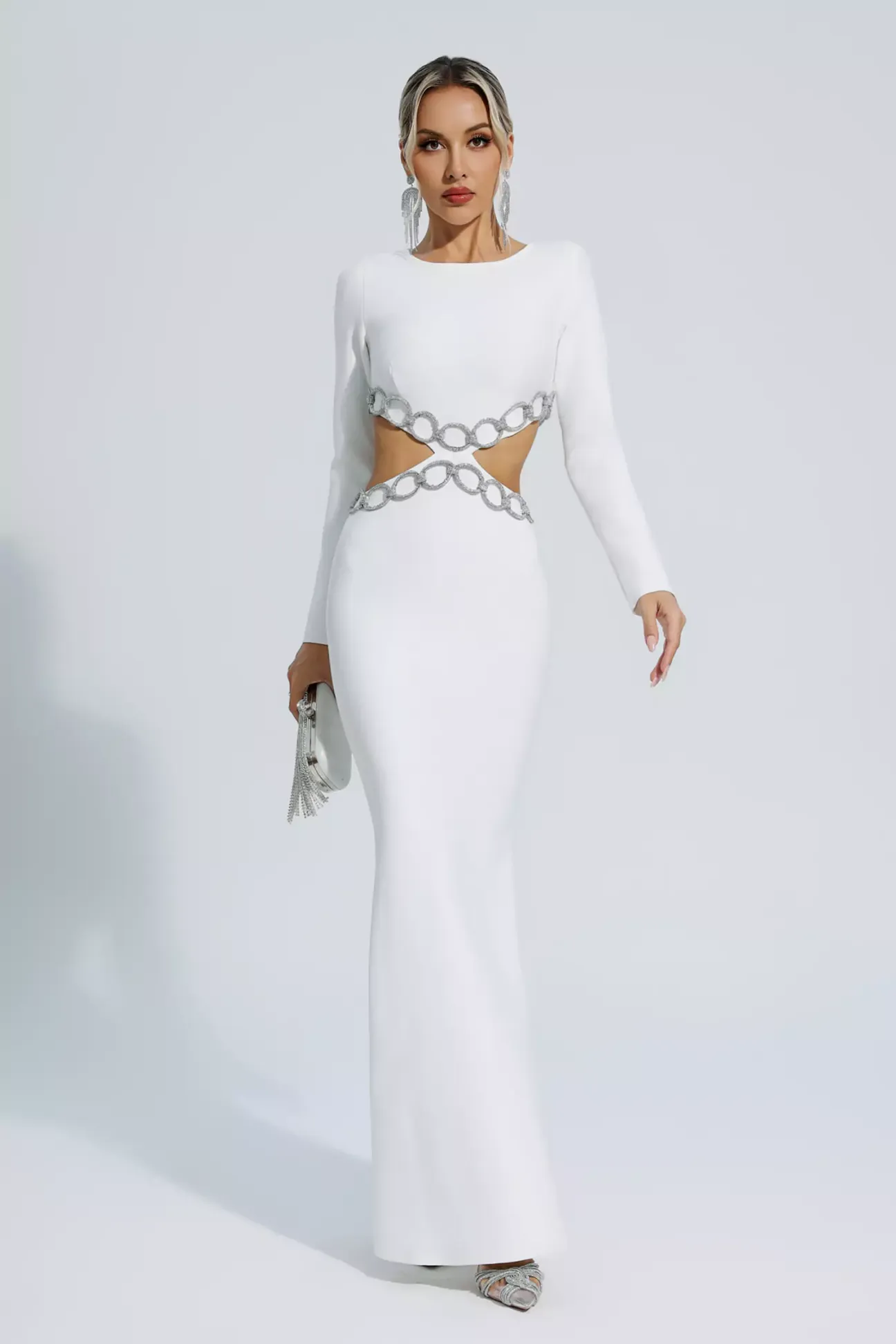 Jimena White Pearl Long Sleeve Bandage Dress