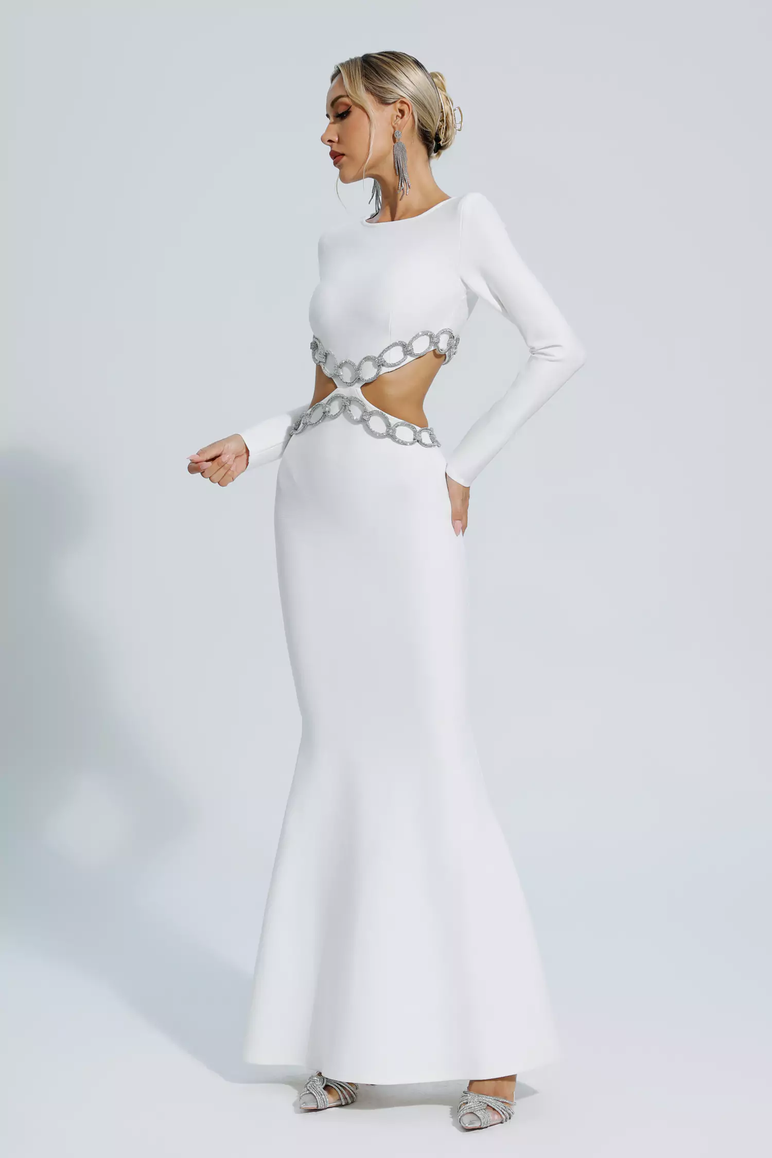 Janelle White Cut Out Long Sleeve Bandage Dress-CATCHALL