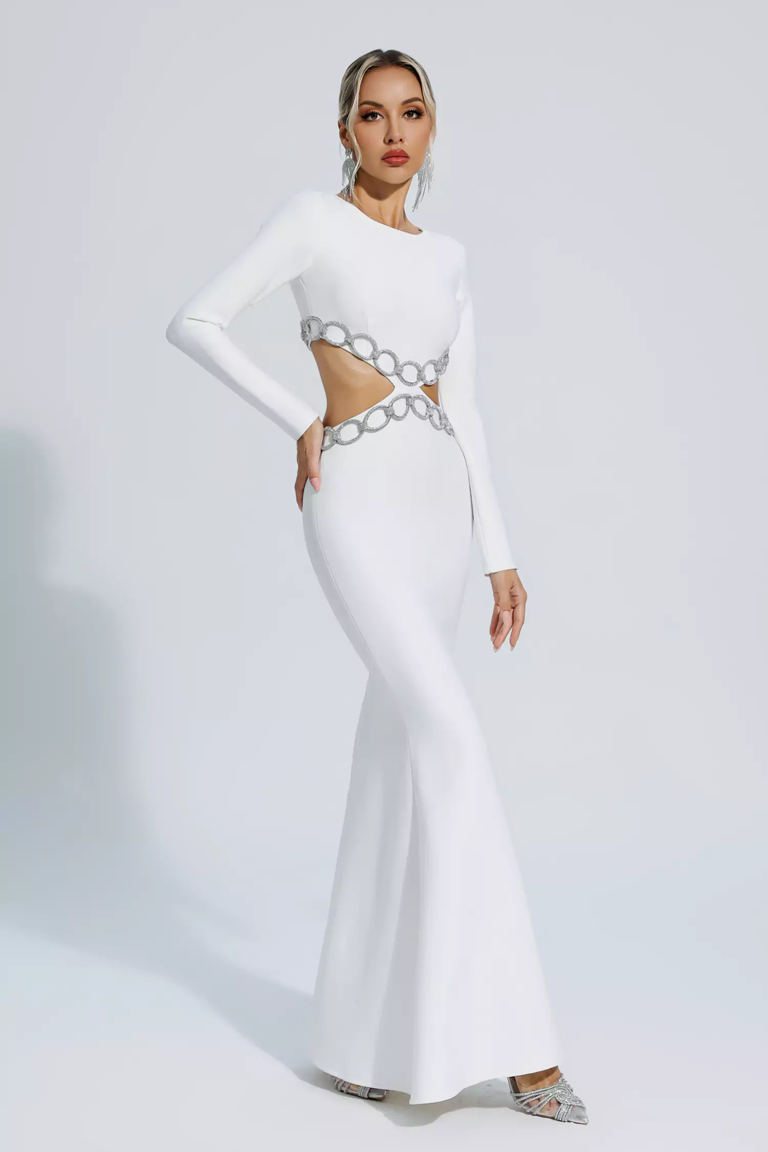 Janelle White Cut Out Long Sleeve Bandage Dress-CATCHALL