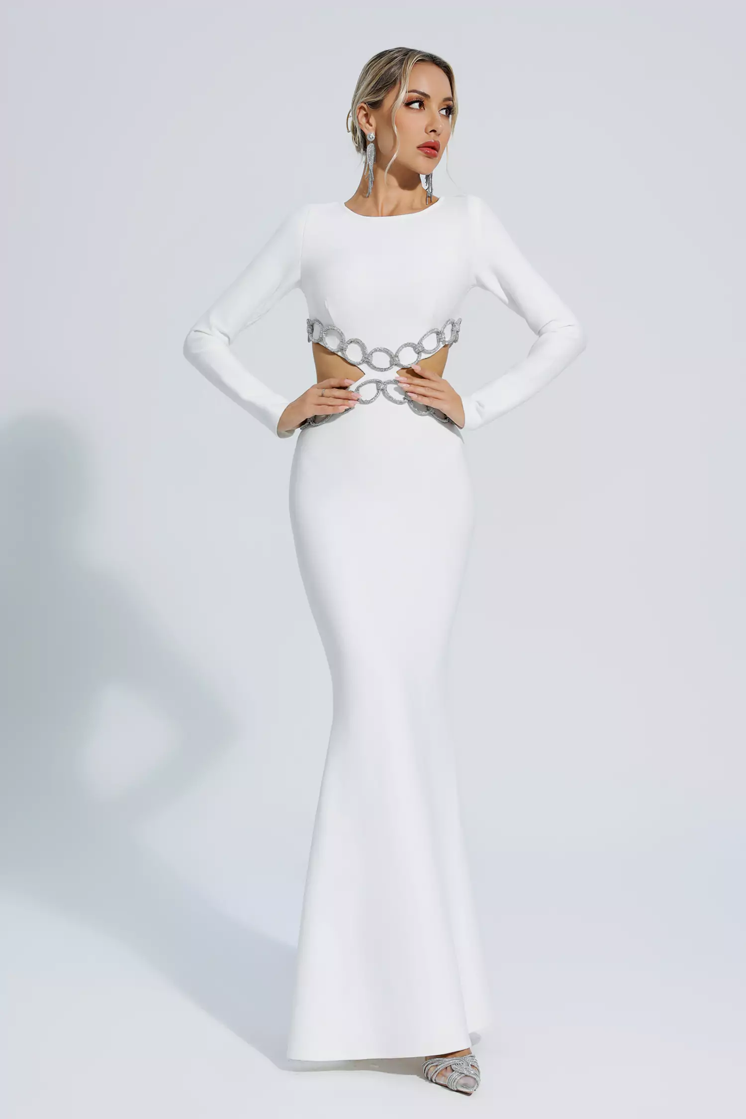Janelle White Cut Out Long Sleeve Bandage Dress-CATCHALL