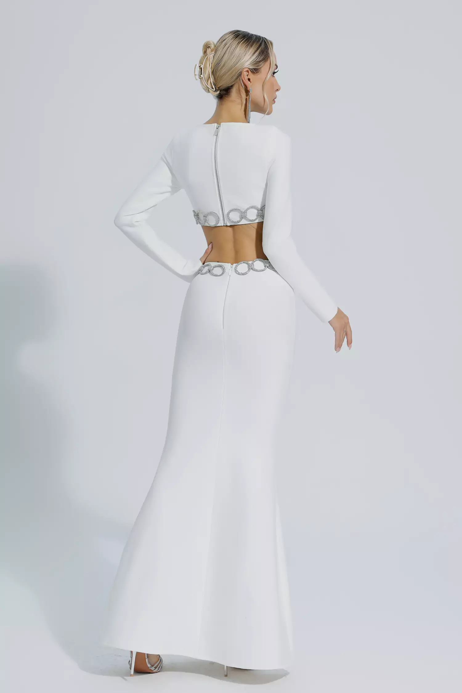 Janelle White Cut Out Long Sleeve Bandage Dress-CATCHALL