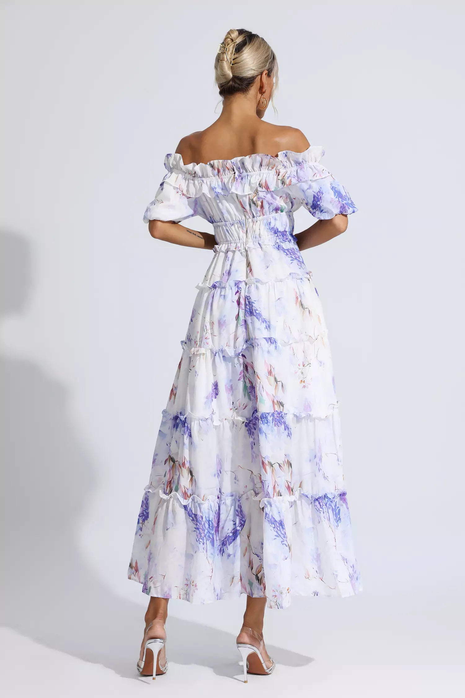 Danielle Purple Floral Ruched Maxi Dress-CATCHALL