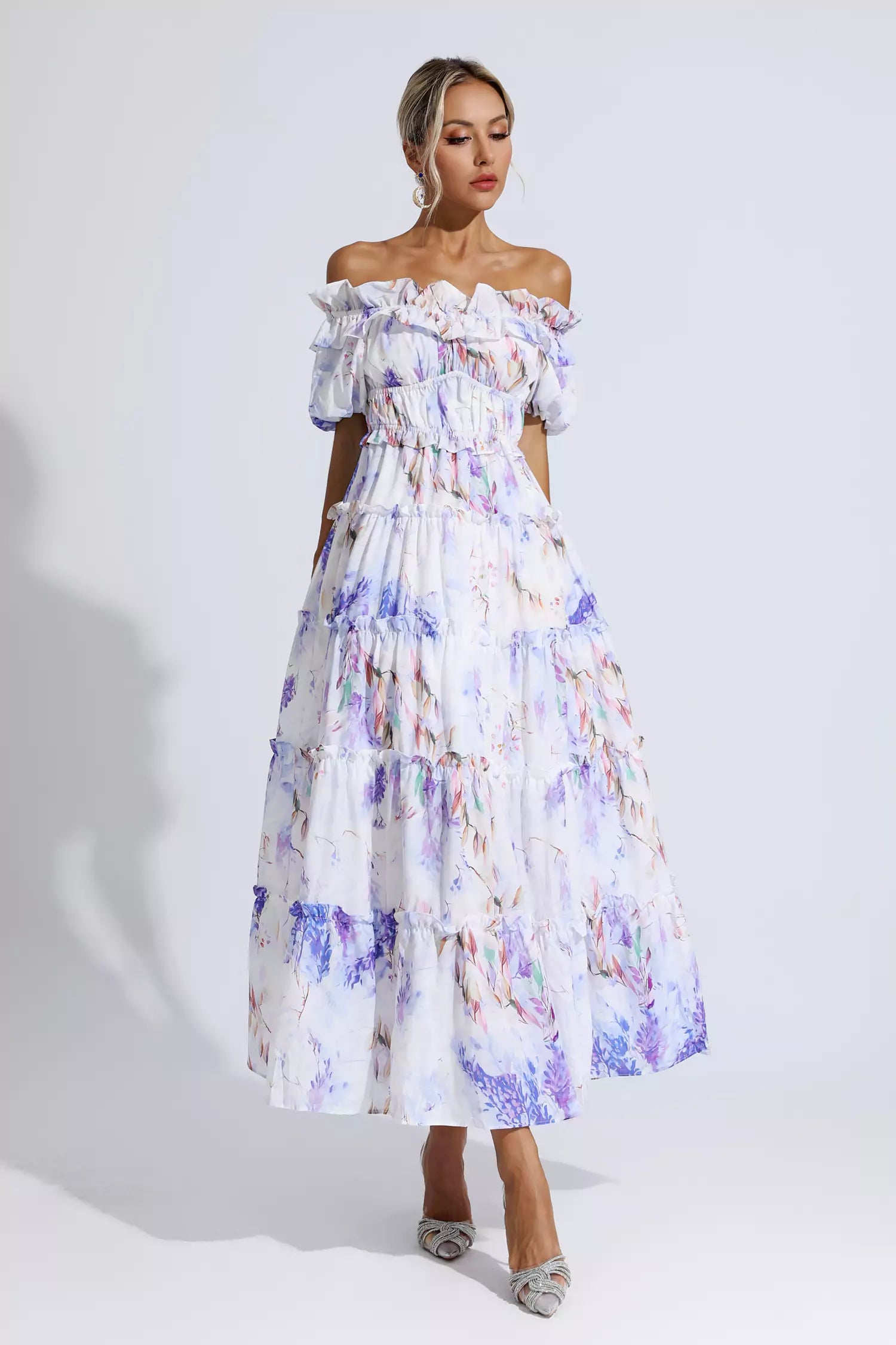 Danielle Purple Floral Ruched Maxi Dress-CATCHALL