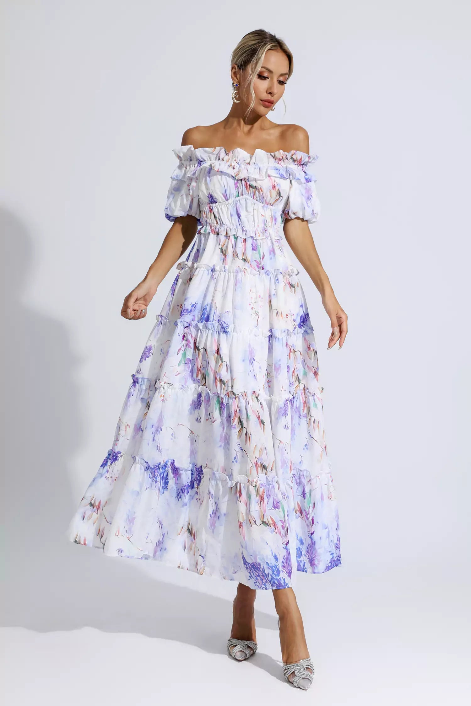 Danielle Purple Floral Ruched Maxi Dress