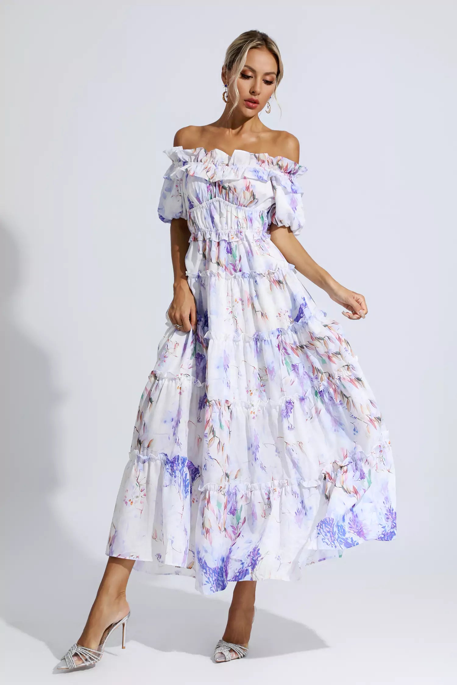 Danielle Purple Floral Ruched Maxi Dress-CATCHALL