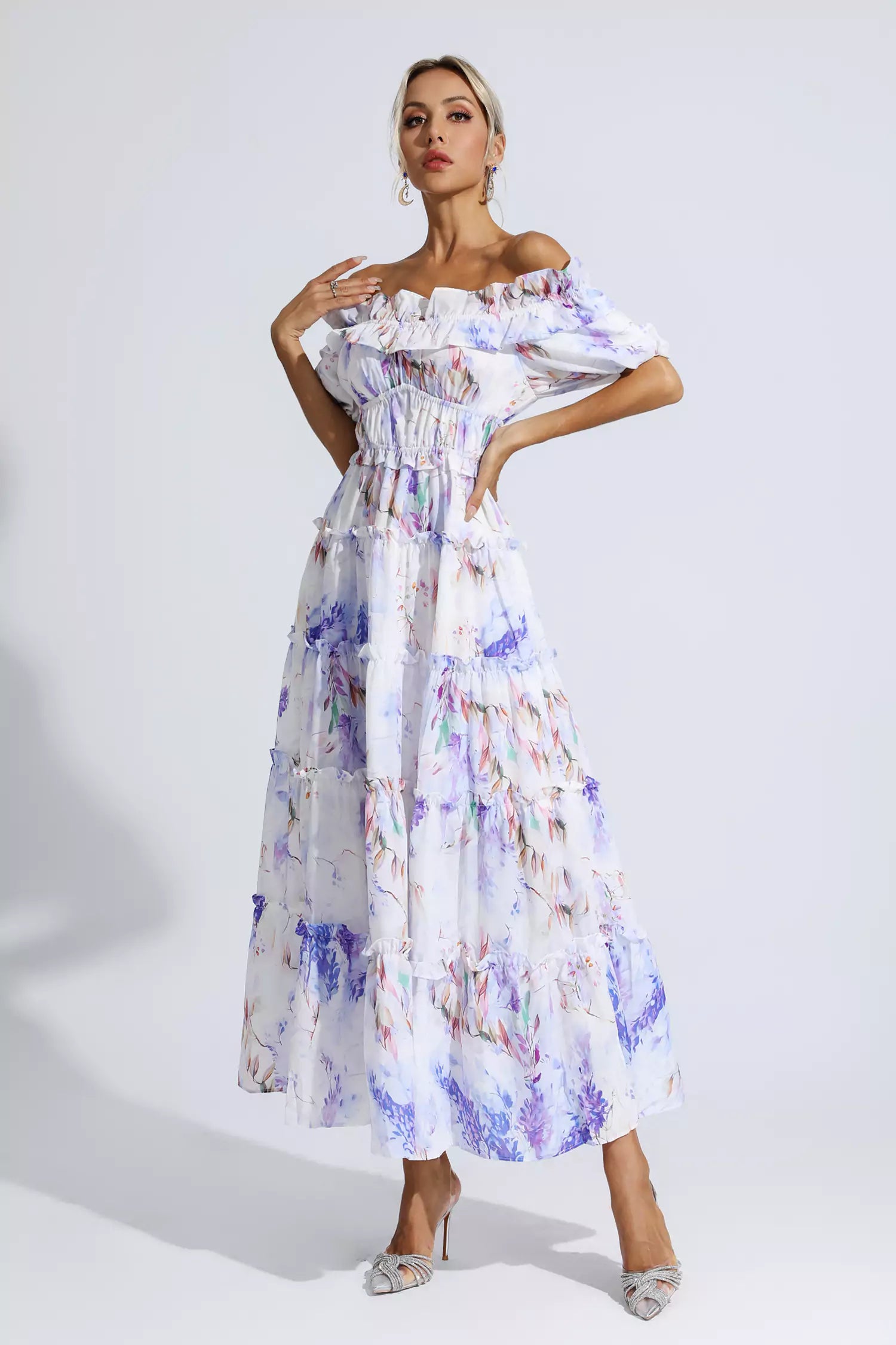 Danielle Purple Floral Ruched Maxi Dress-CATCHALL