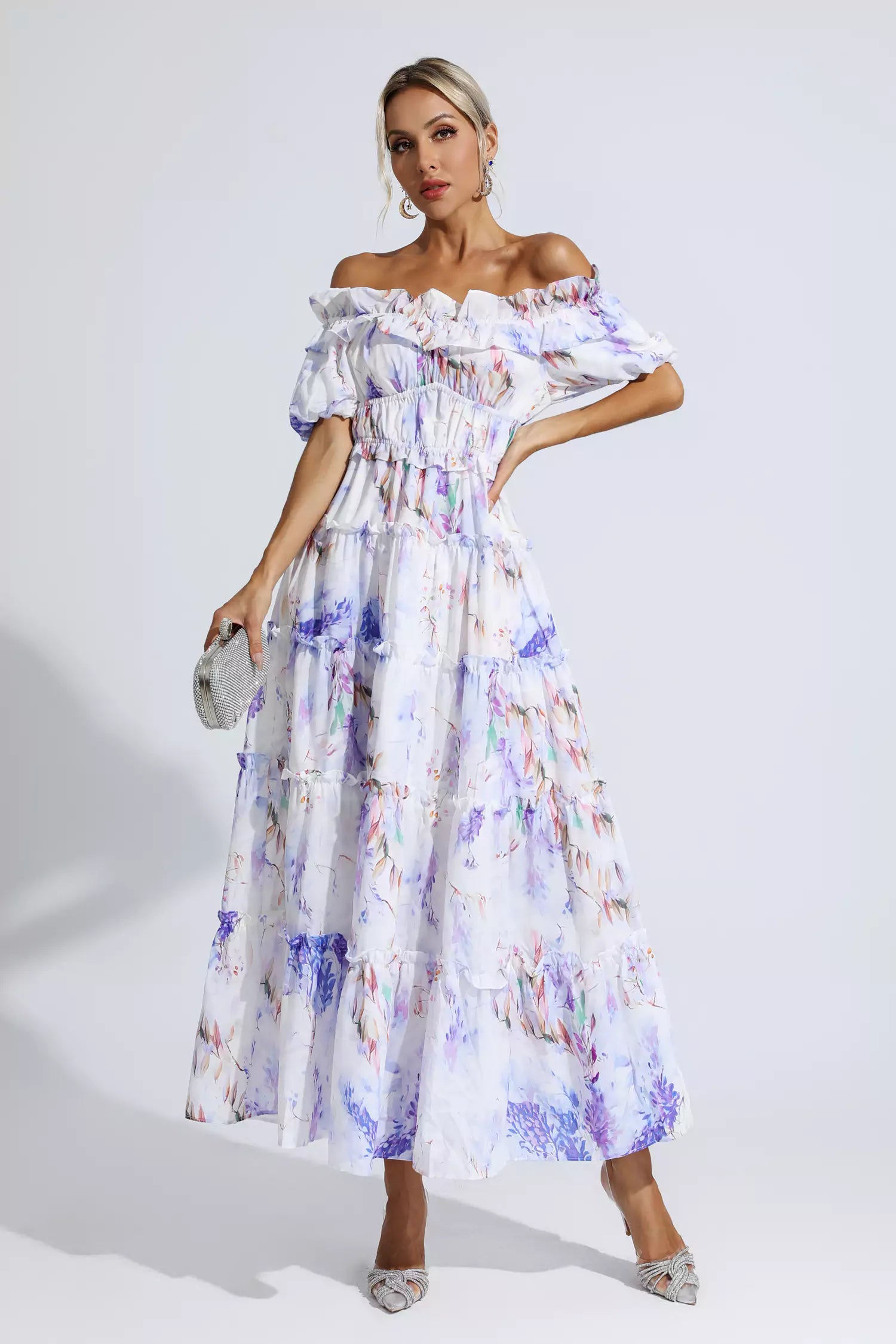 Danielle Purple Floral Ruched Maxi Dress-CATCHALL