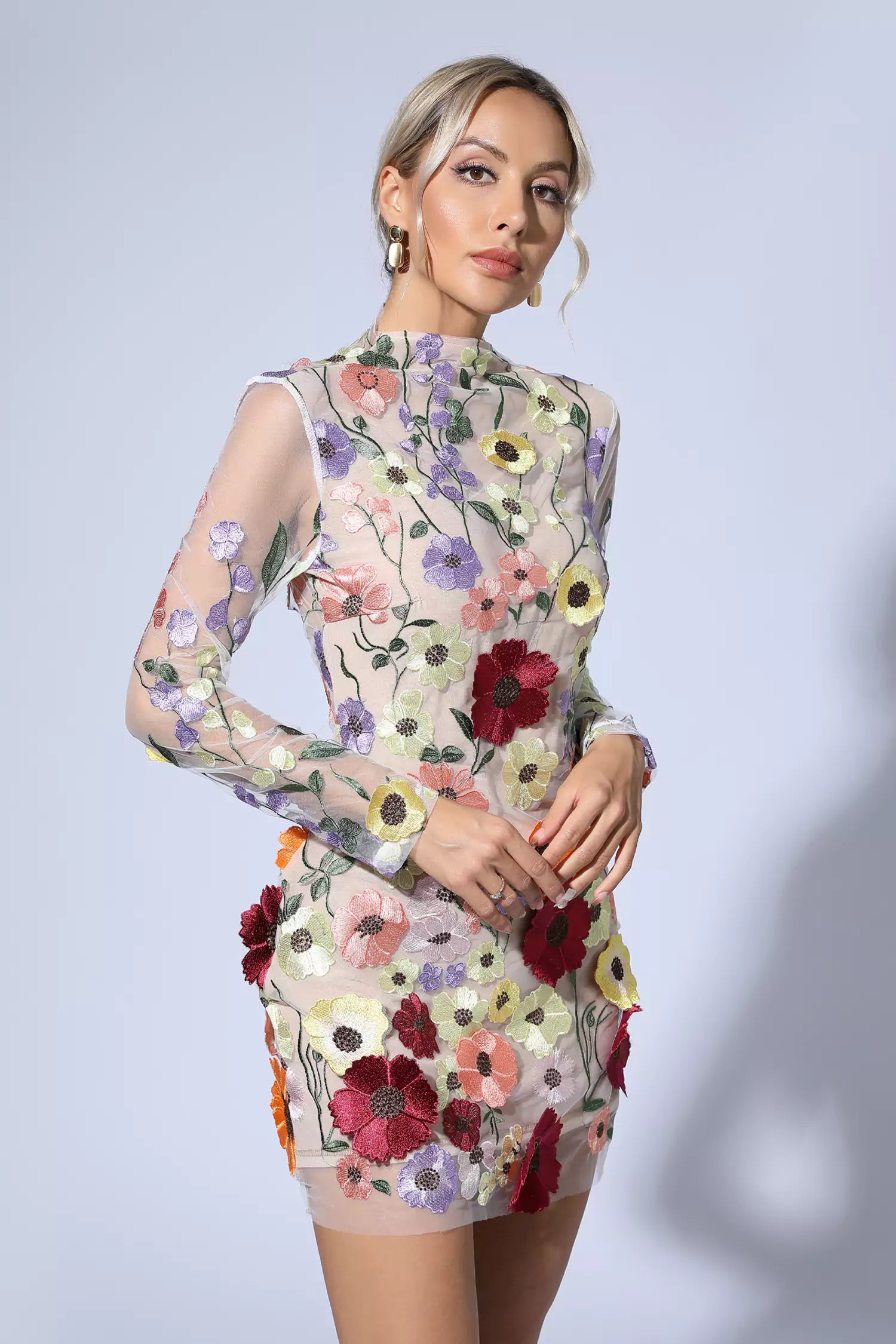 Danna Flesh Pink Floral Embroidery Mini Dress-CATCHALL