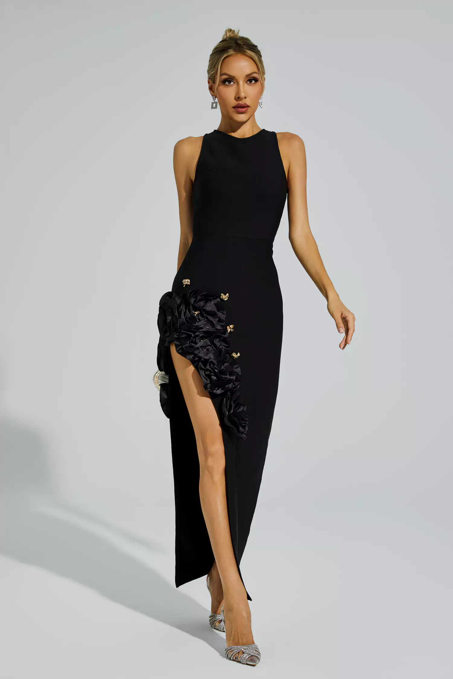Darcy Black Rose Slit Bandage Dress-CATCHALL