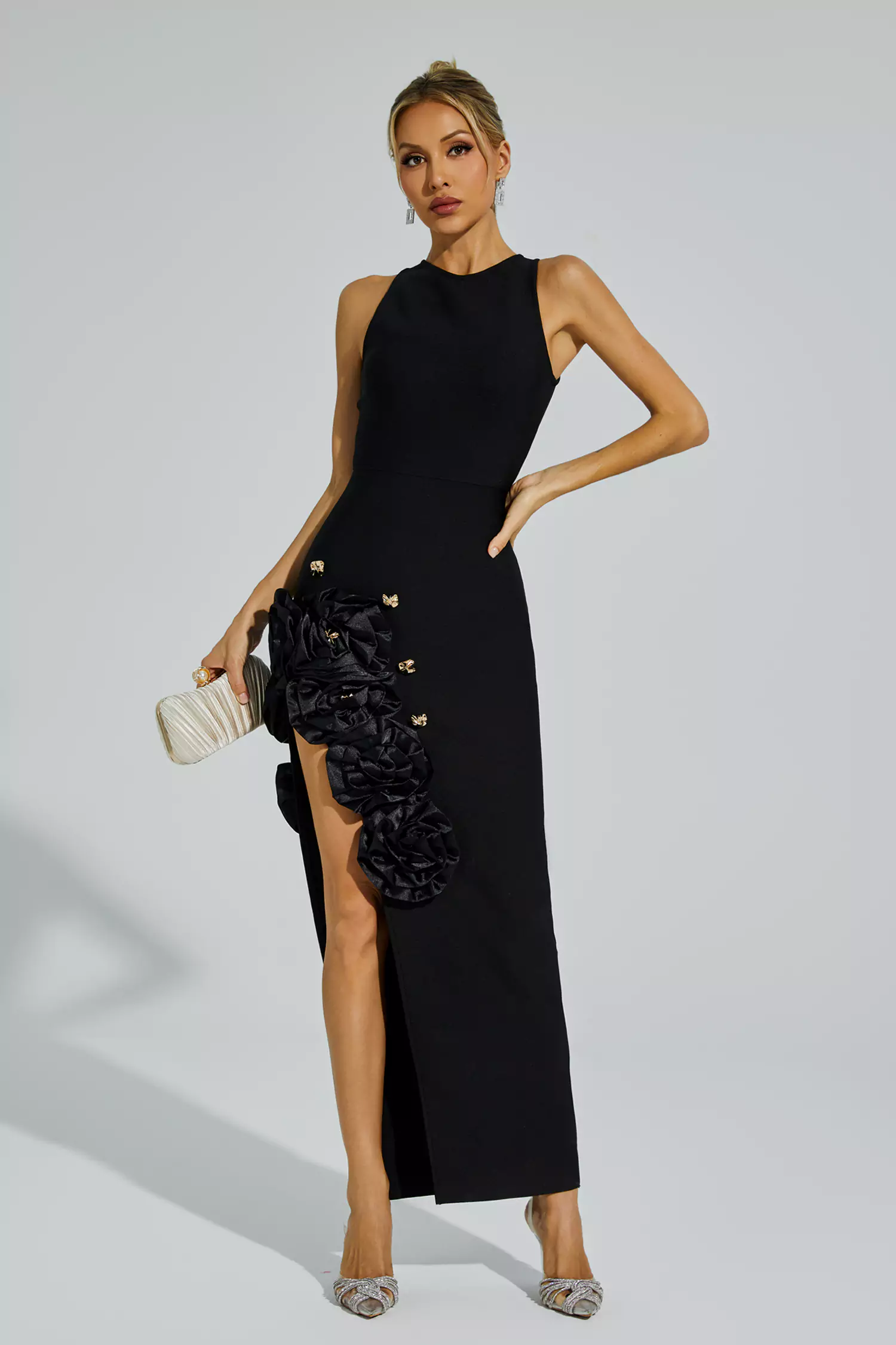 Darcy Black Rose Slit Bandage Dress-CATCHALL