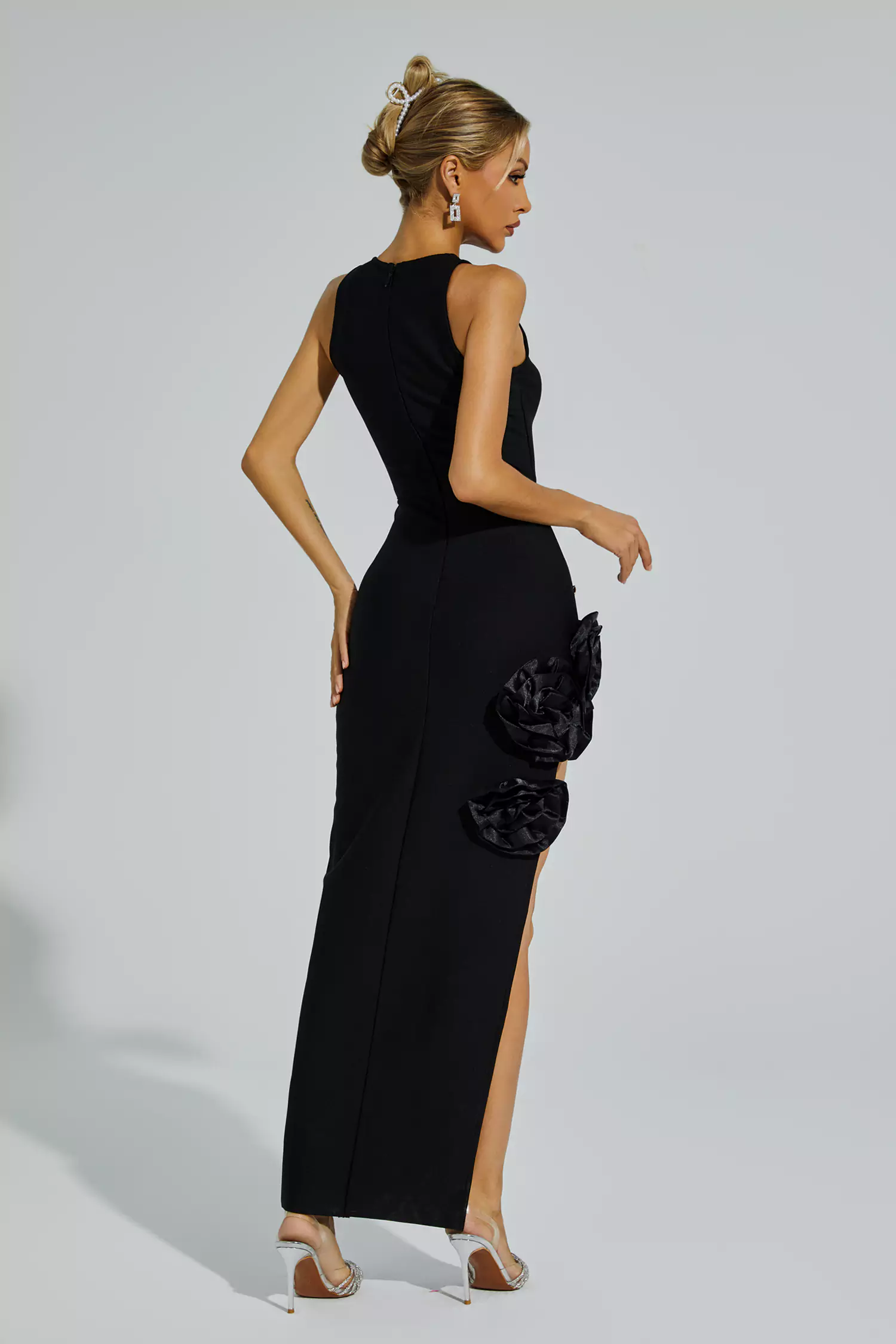 Darcy Black Rose Slit Bandage Dress-CATCHALL