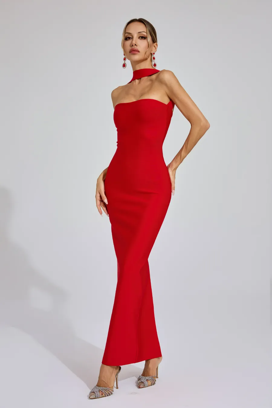 halter maxi bandage dress in red