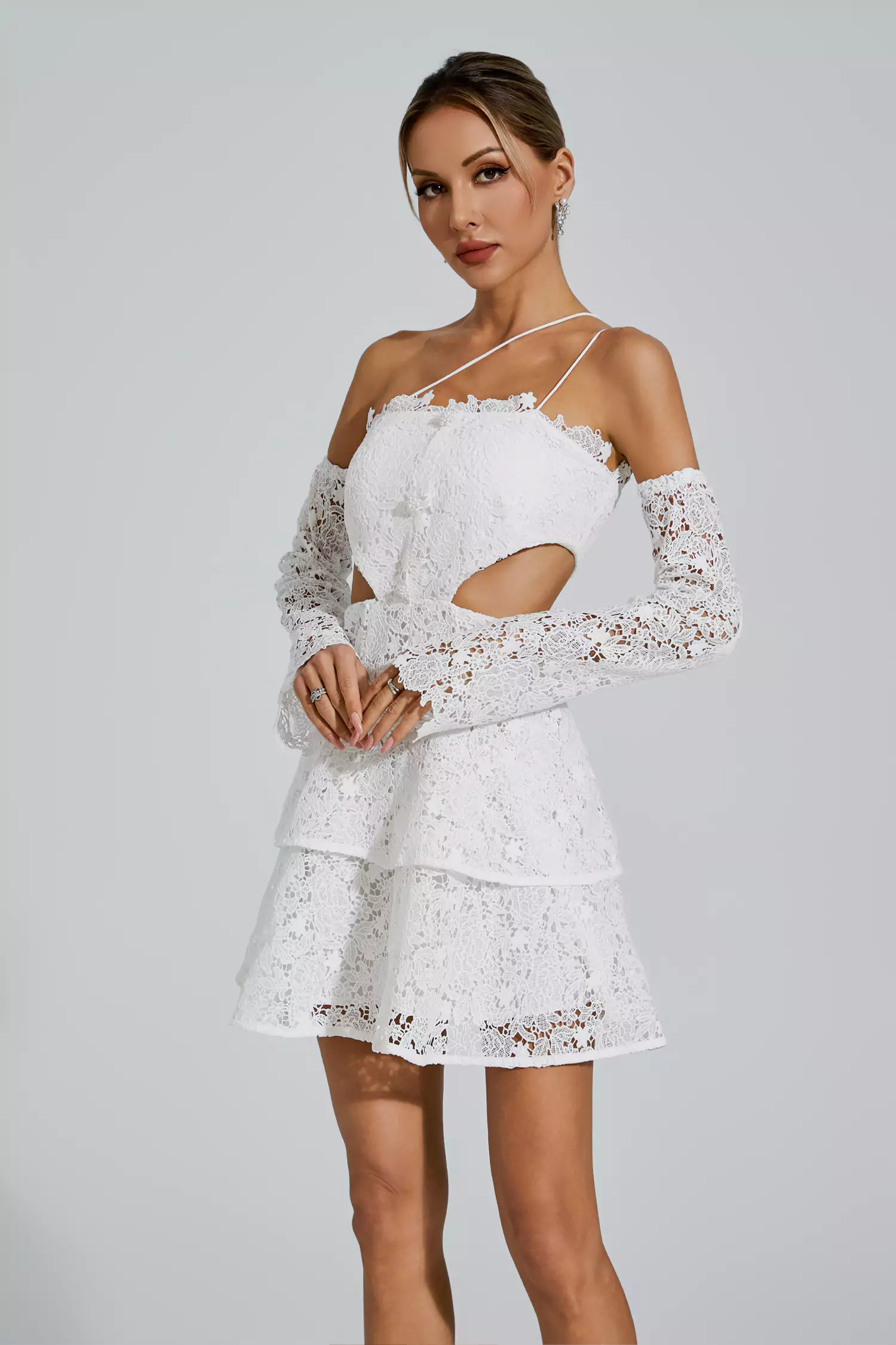 Deborah White lace Cut Out Mini Dress-CATCHALL