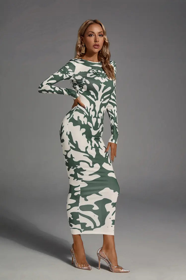 Delilah Green Open-back Printed Maxi Dress-CATCHALL