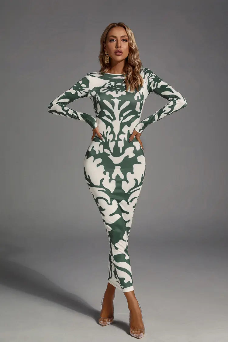 Delilah Green Open-back Printed Maxi Dress-CATCHALL