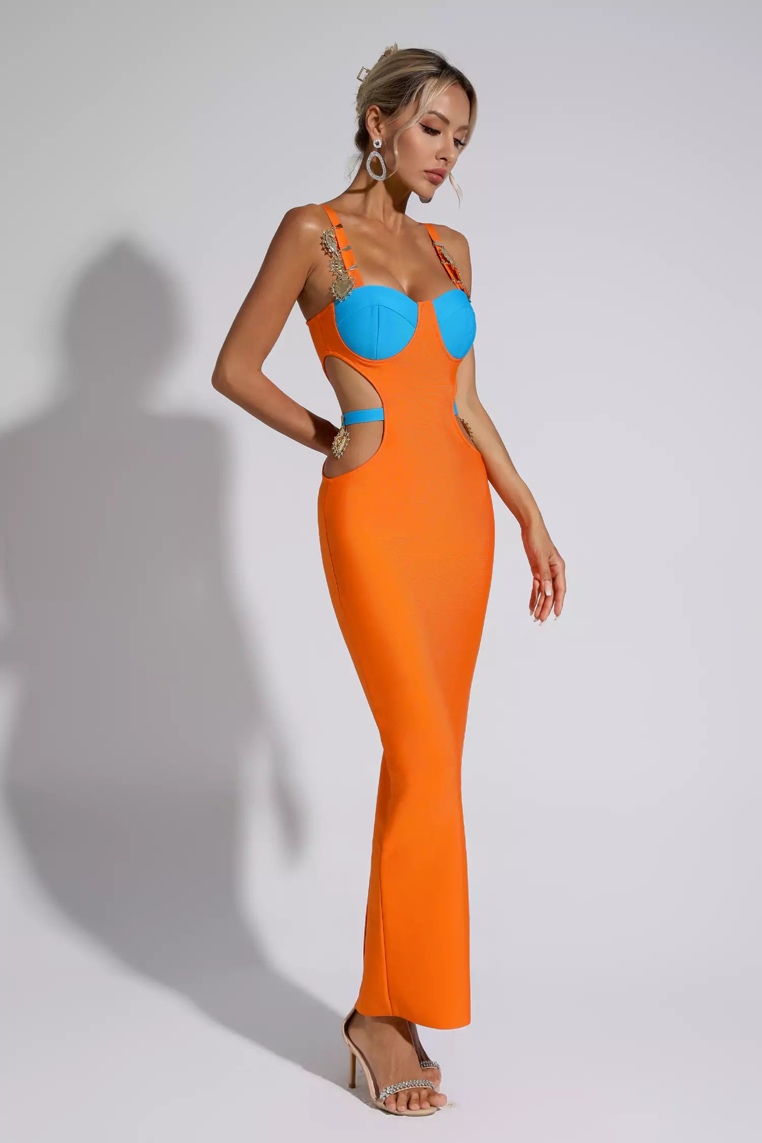 Destiny Orange Bandage Metallic Maxi Dress-CATCHALL