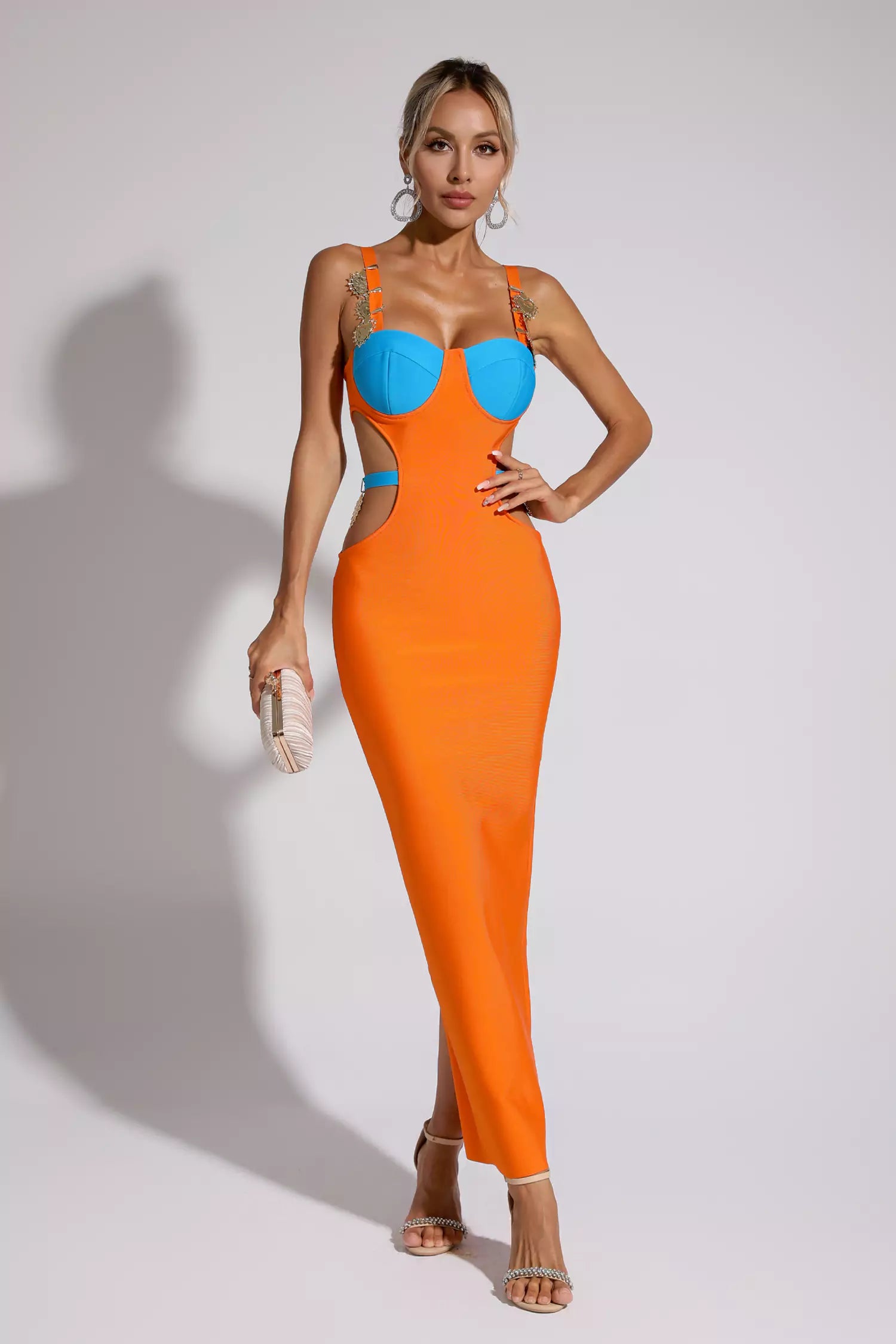 Catchall Destiny Orange Bandage Metallic Maxi Dress Xs