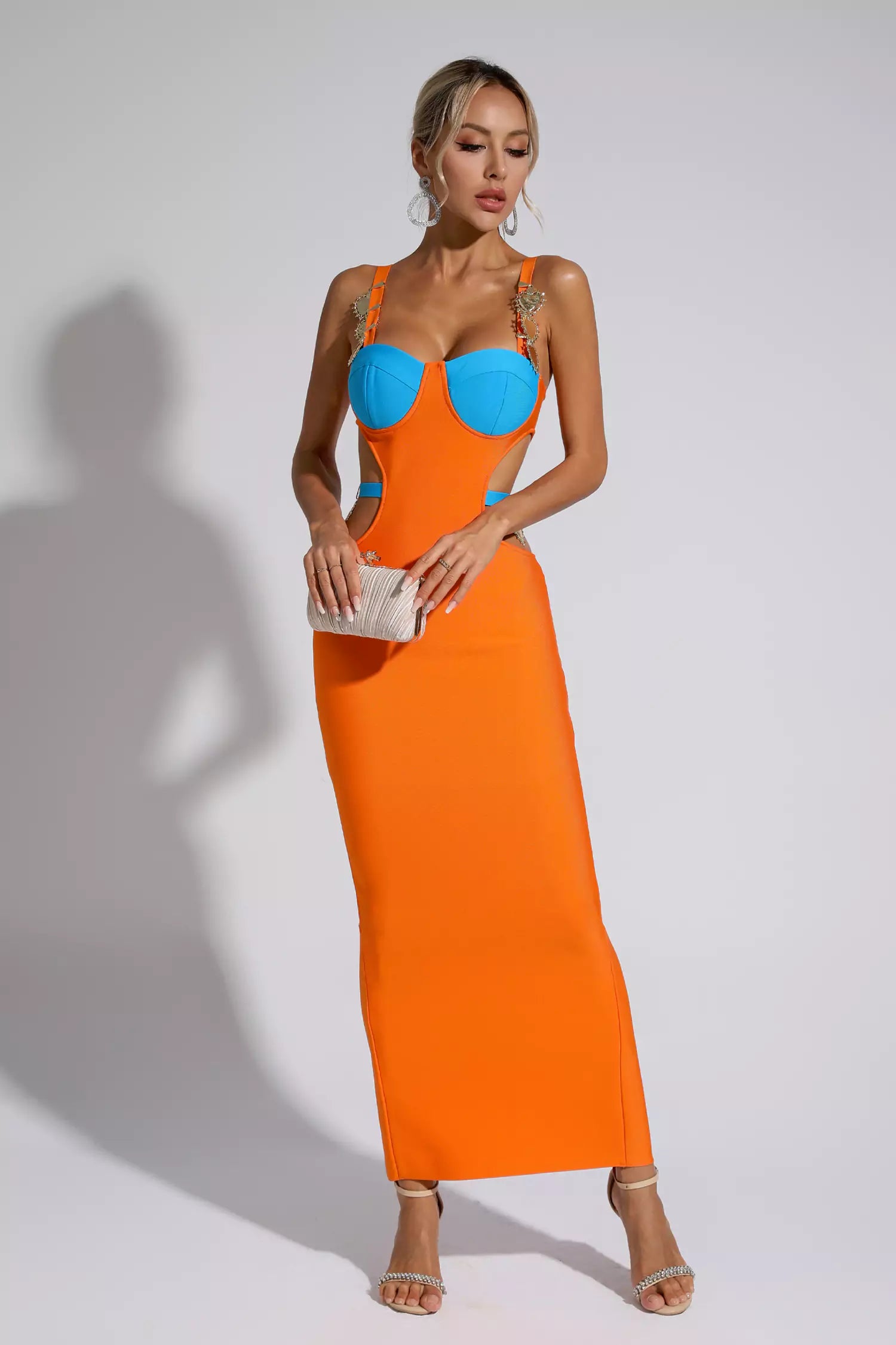Destiny Orange Bandage Metallic Maxi Dress-CATCHALL