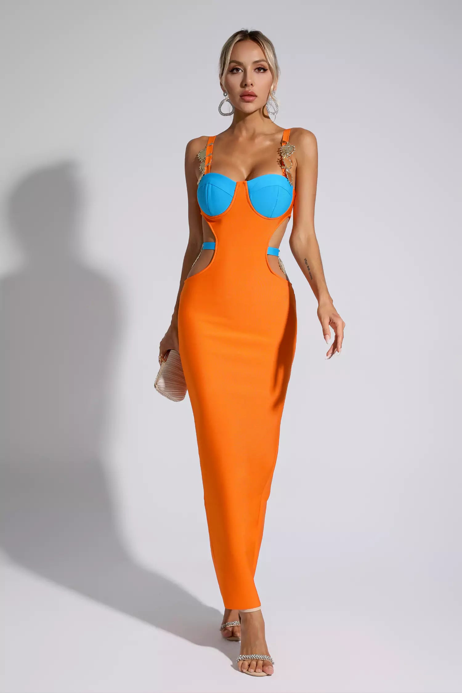 Destiny Orange Bandage Metallic Maxi Dress-CATCHALL